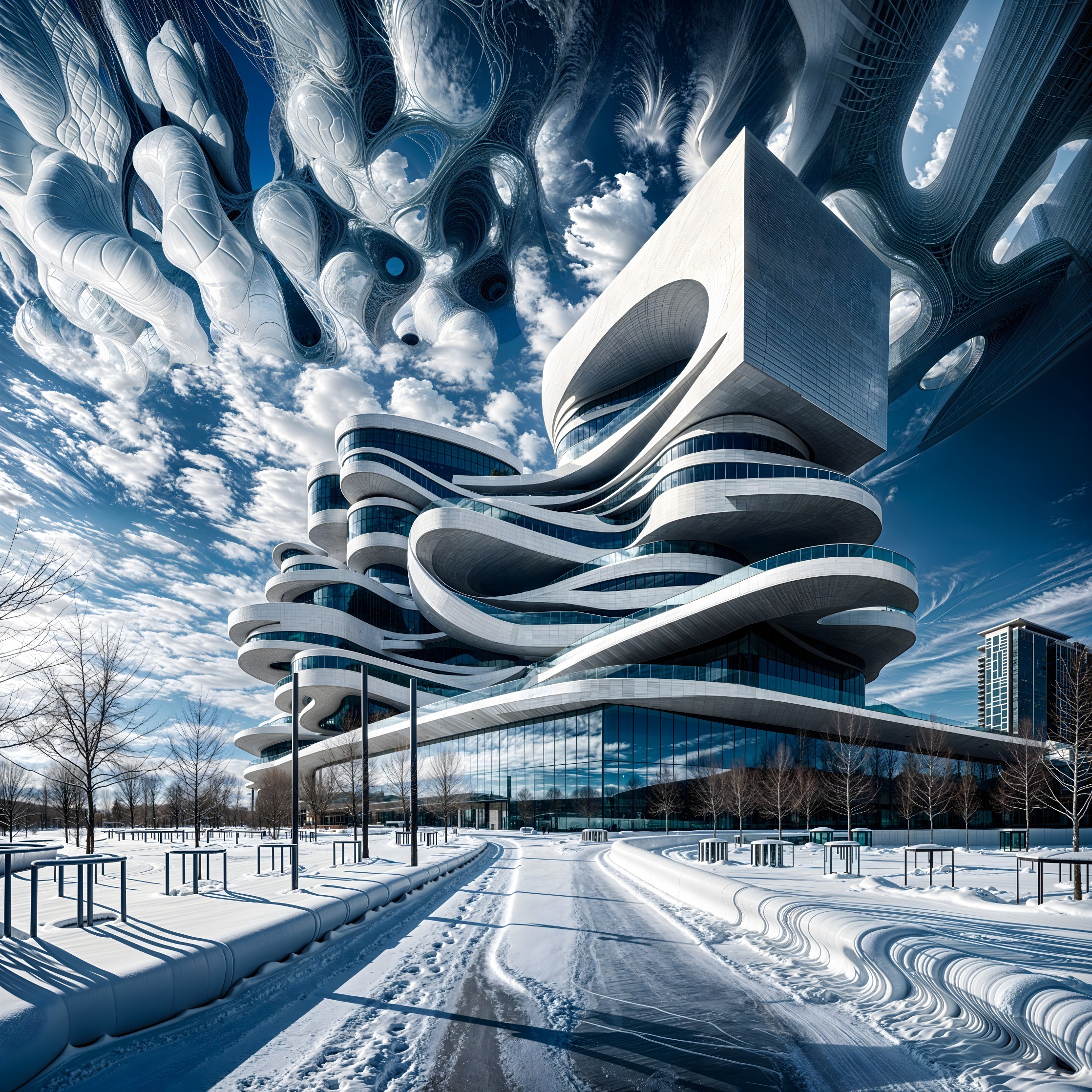 Futuristic Building in Snowy Landscape with Clouds