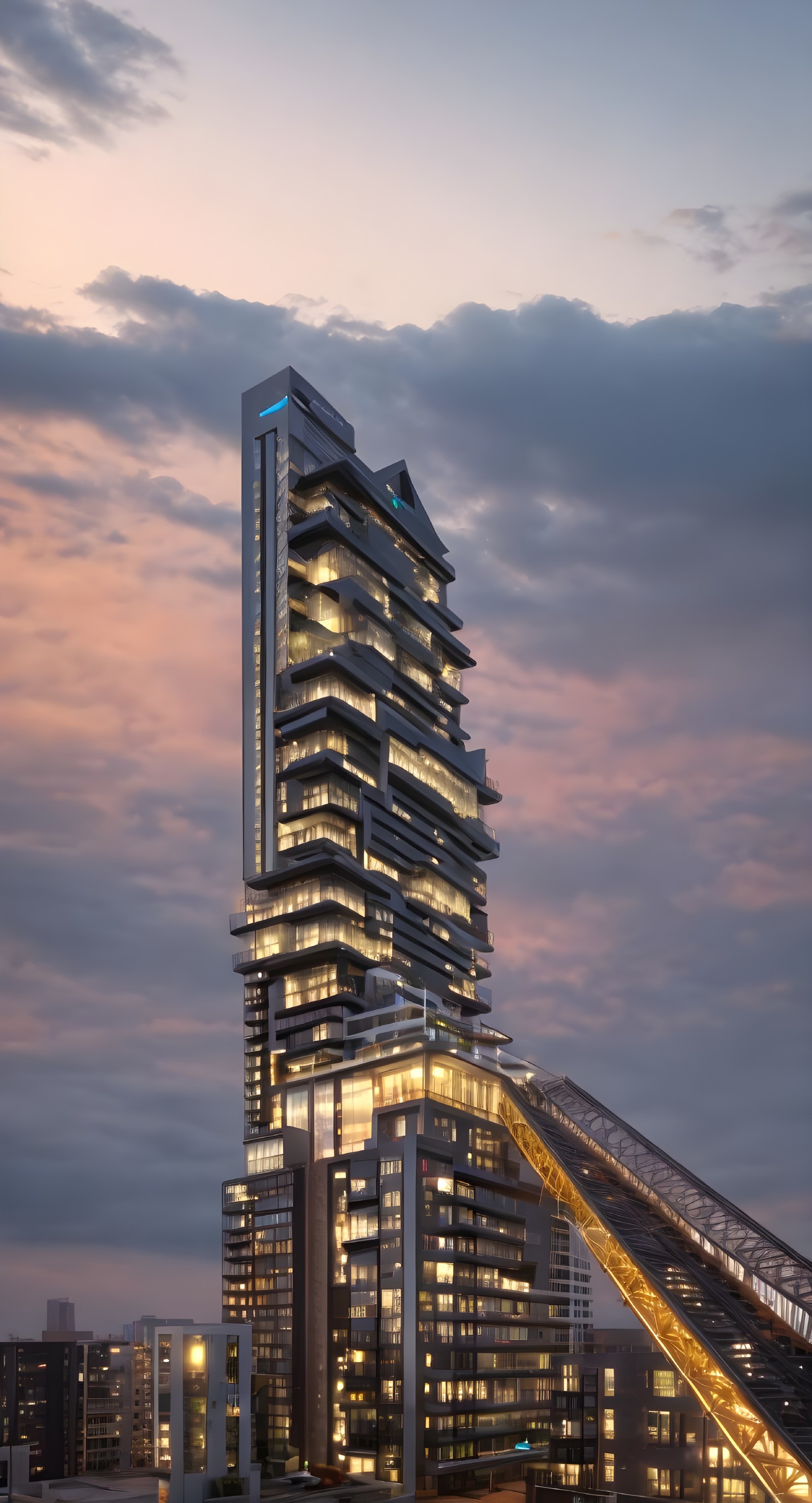 Modern skyscraper and bridge against twilight sky at dusk