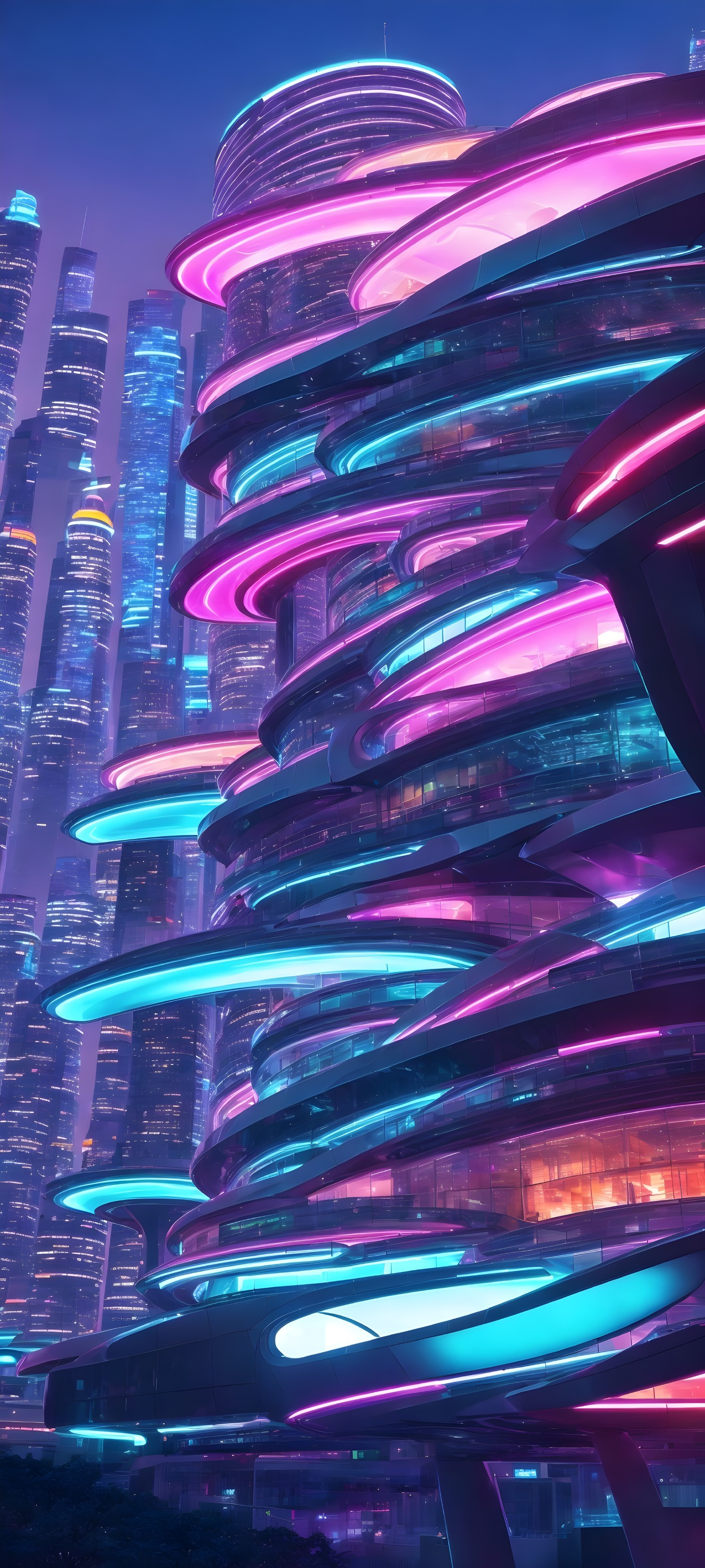 Futuristic Cityscape with Neon Lights and Skyscrapers