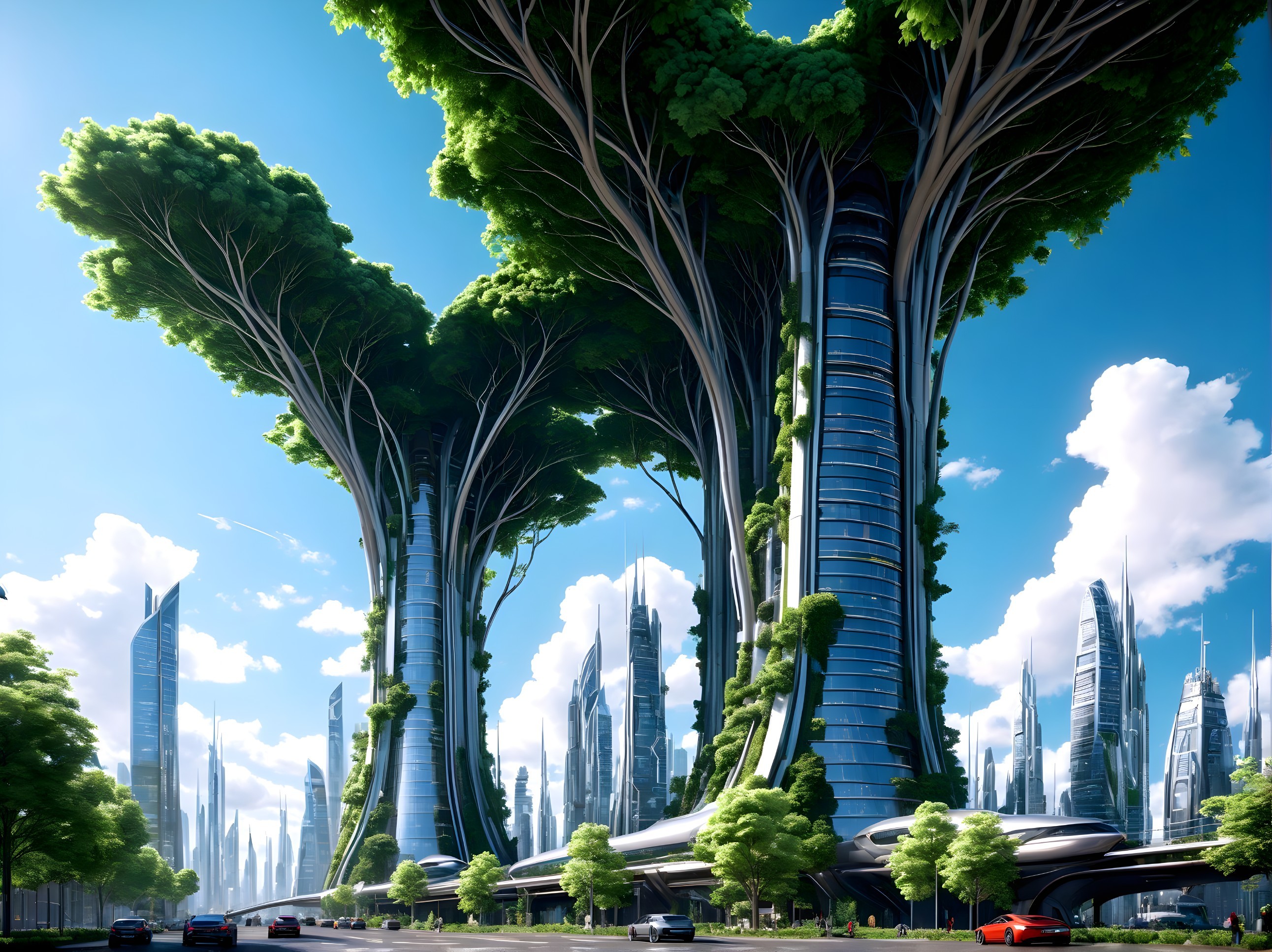 Futuristic cityscape with tree-like structures and greenery