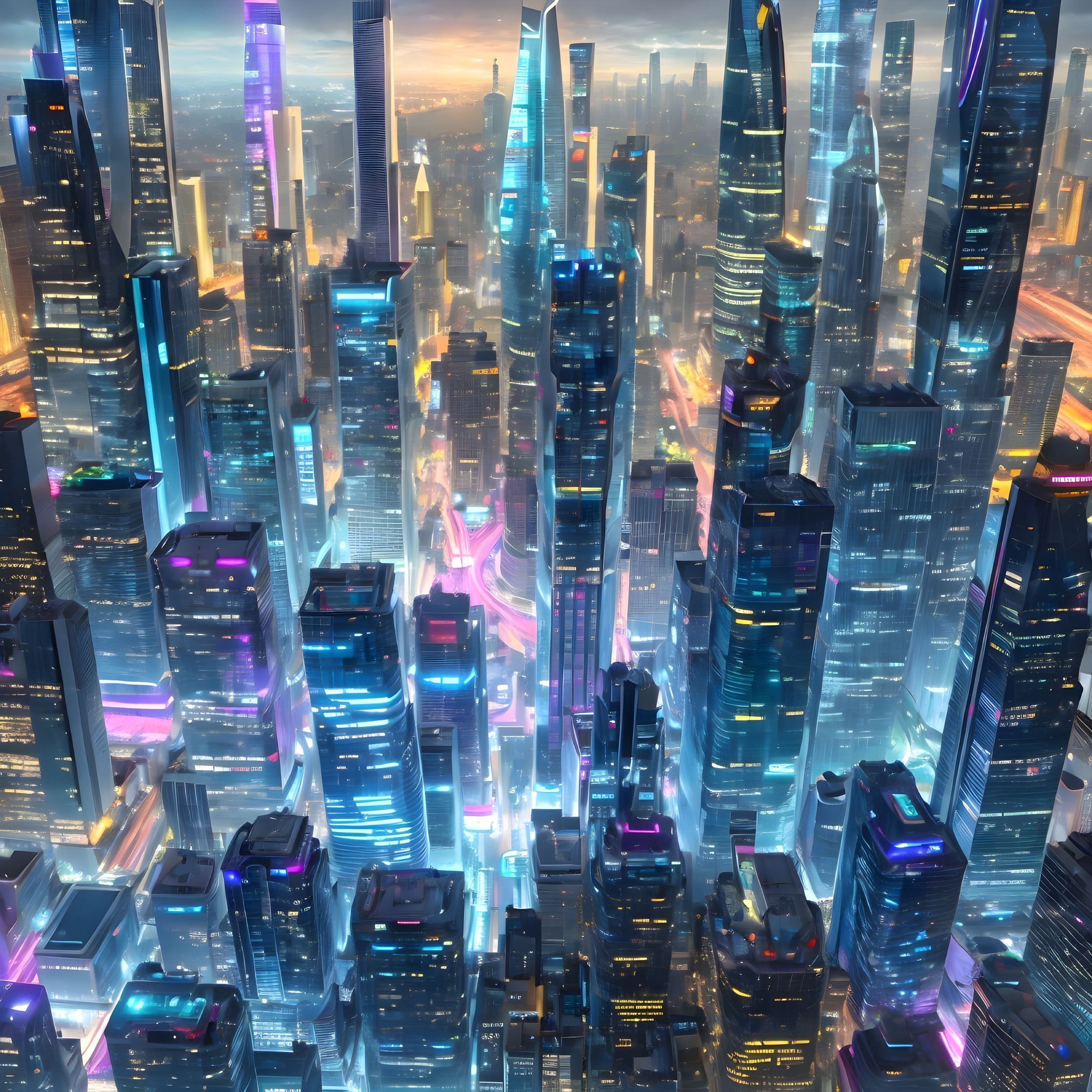 Futuristic cityscape at dusk with neon skyscrapers