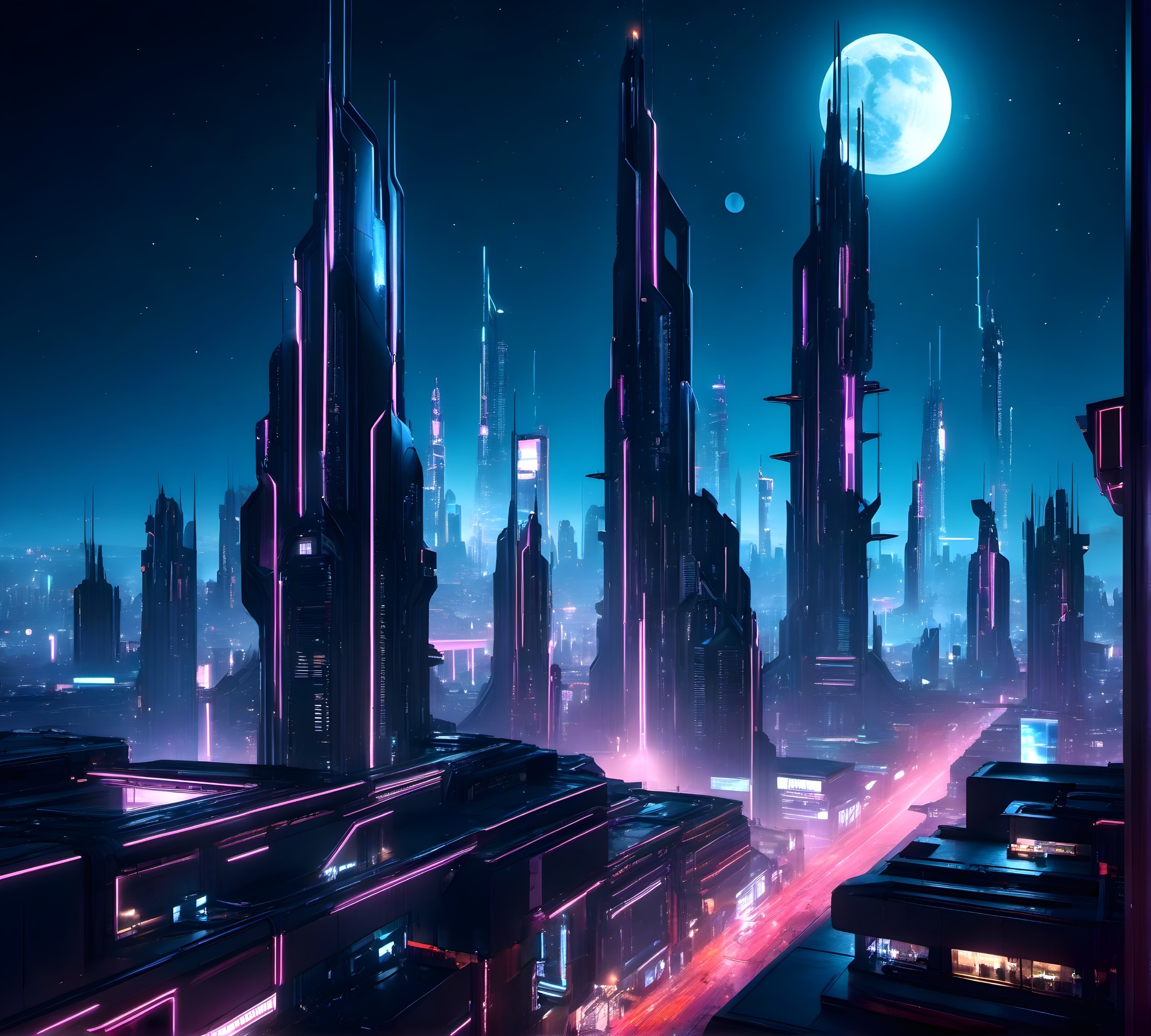 Futuristic Cityscape with Neon Lights and Fog