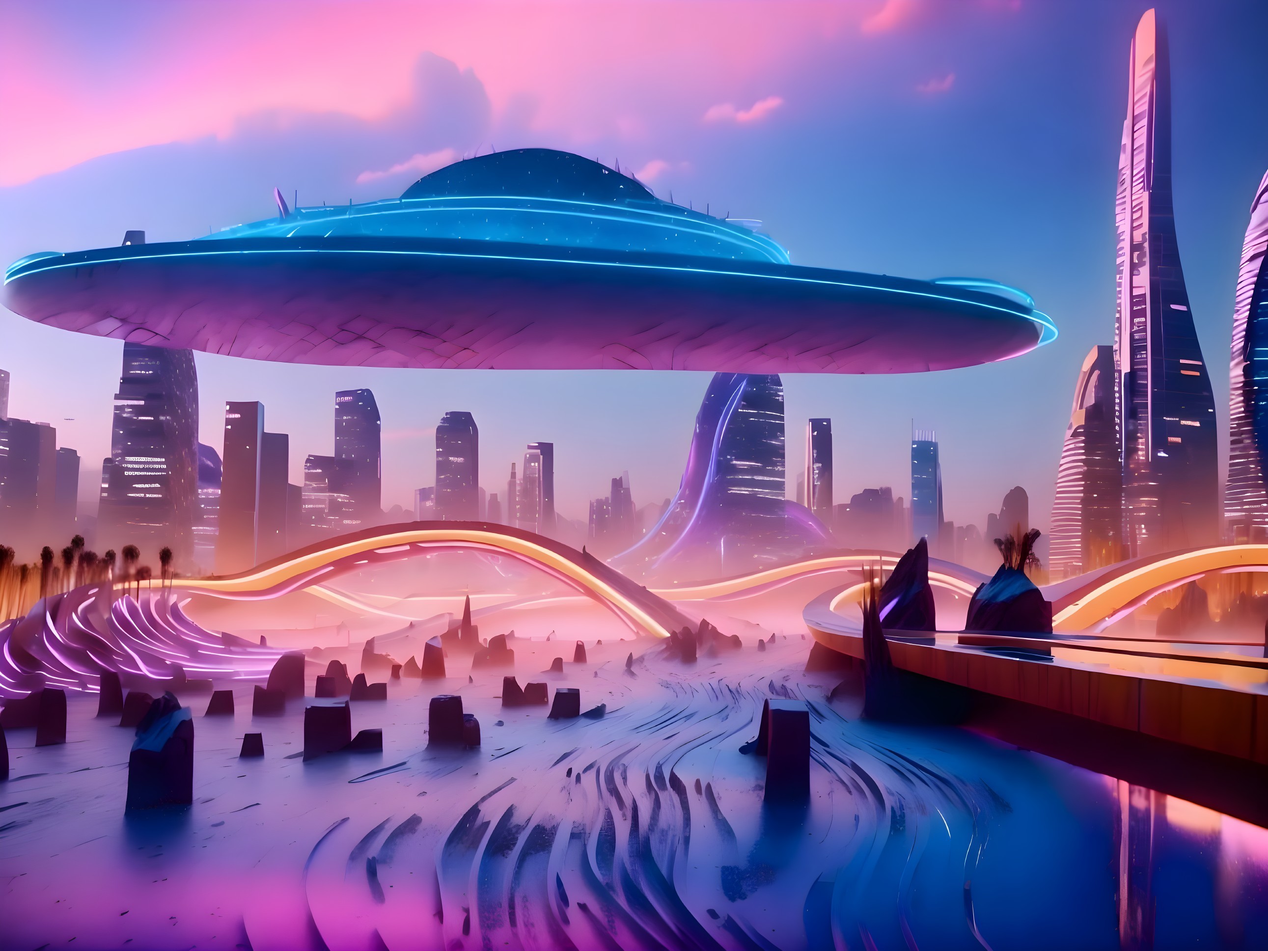 Futuristic landscape with glowing spaceship and skyline