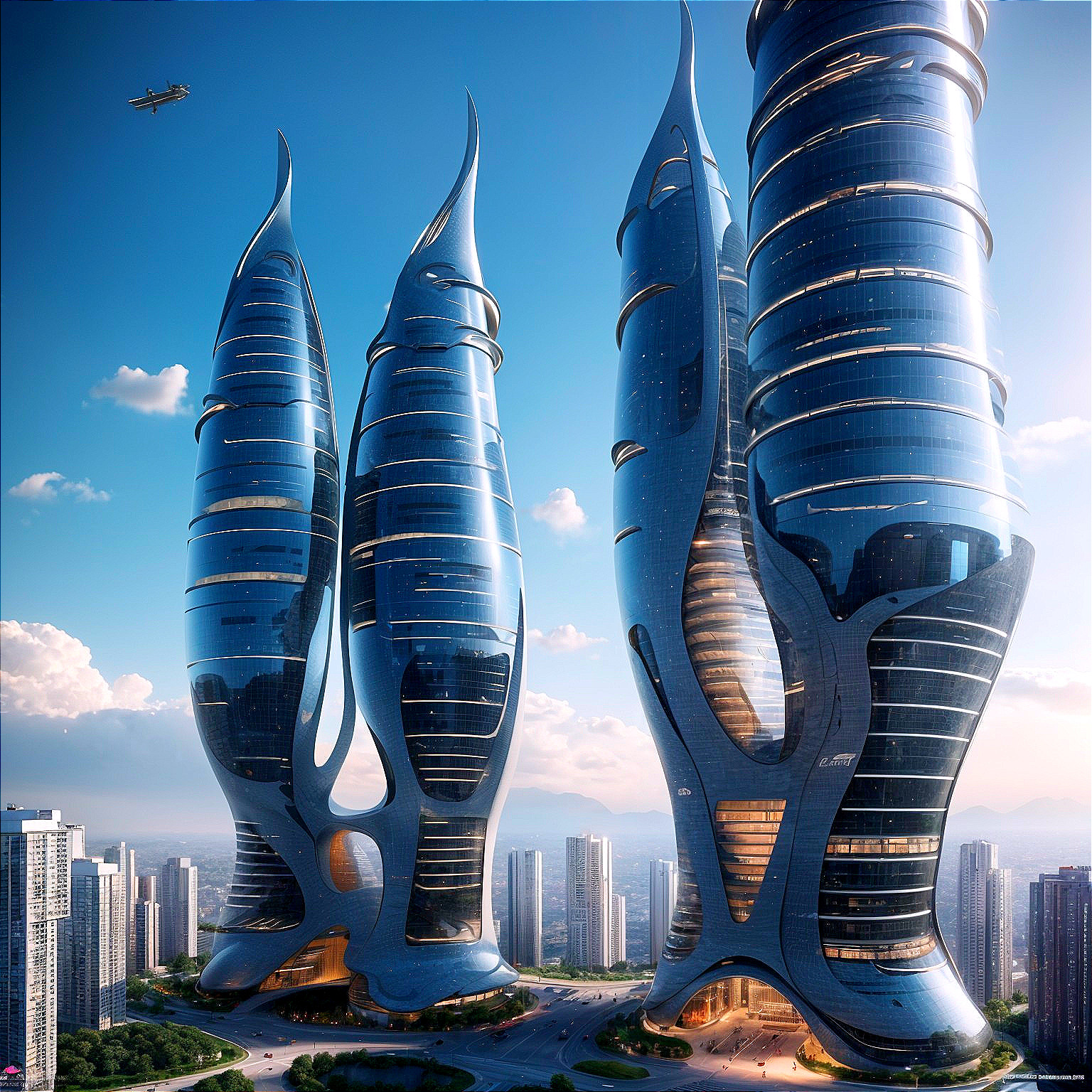 Futuristic Skyscrapers with Organic Designs and Glassy Surfaces