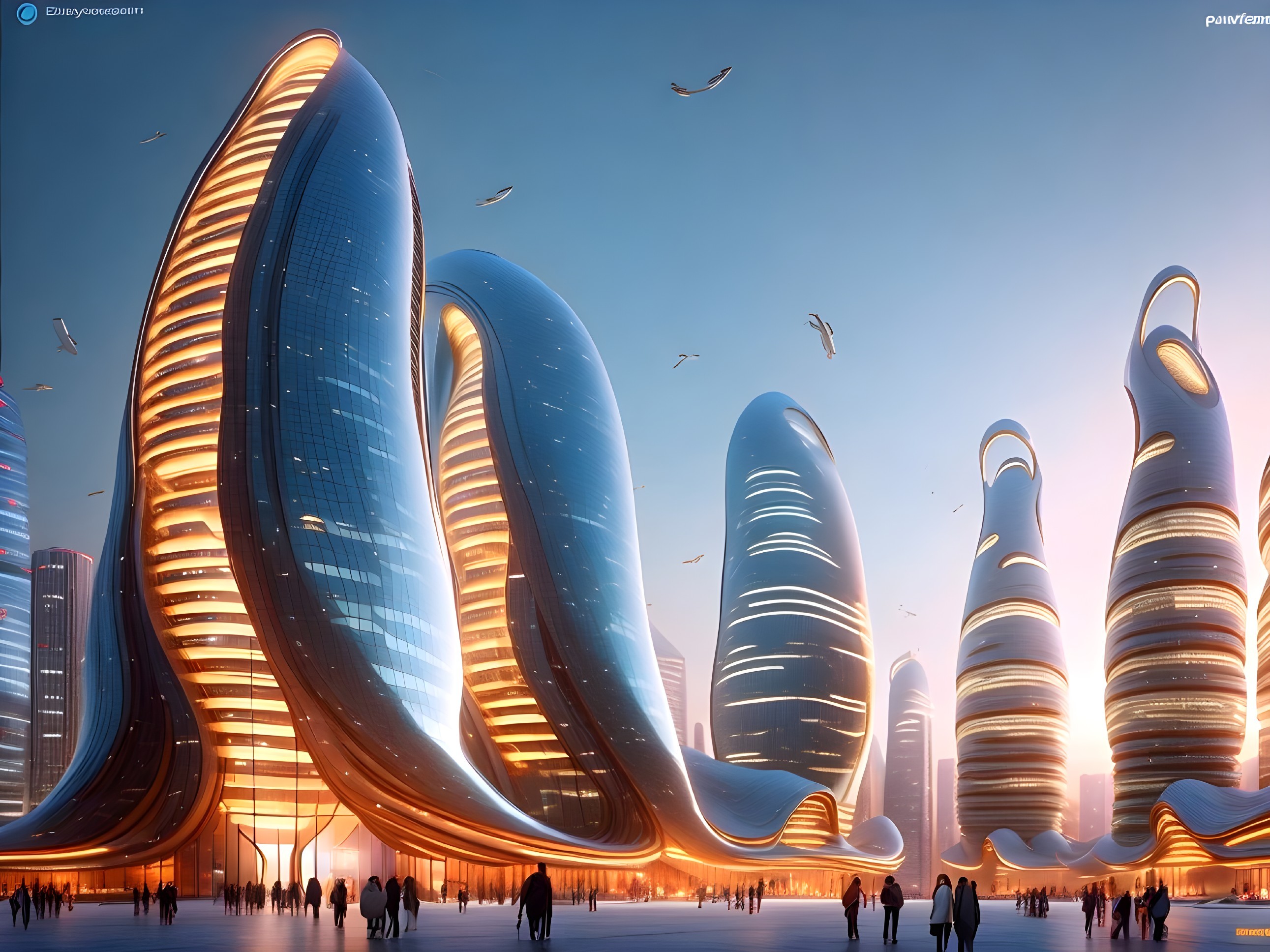 Futuristic cityscape with organic buildings at twilight