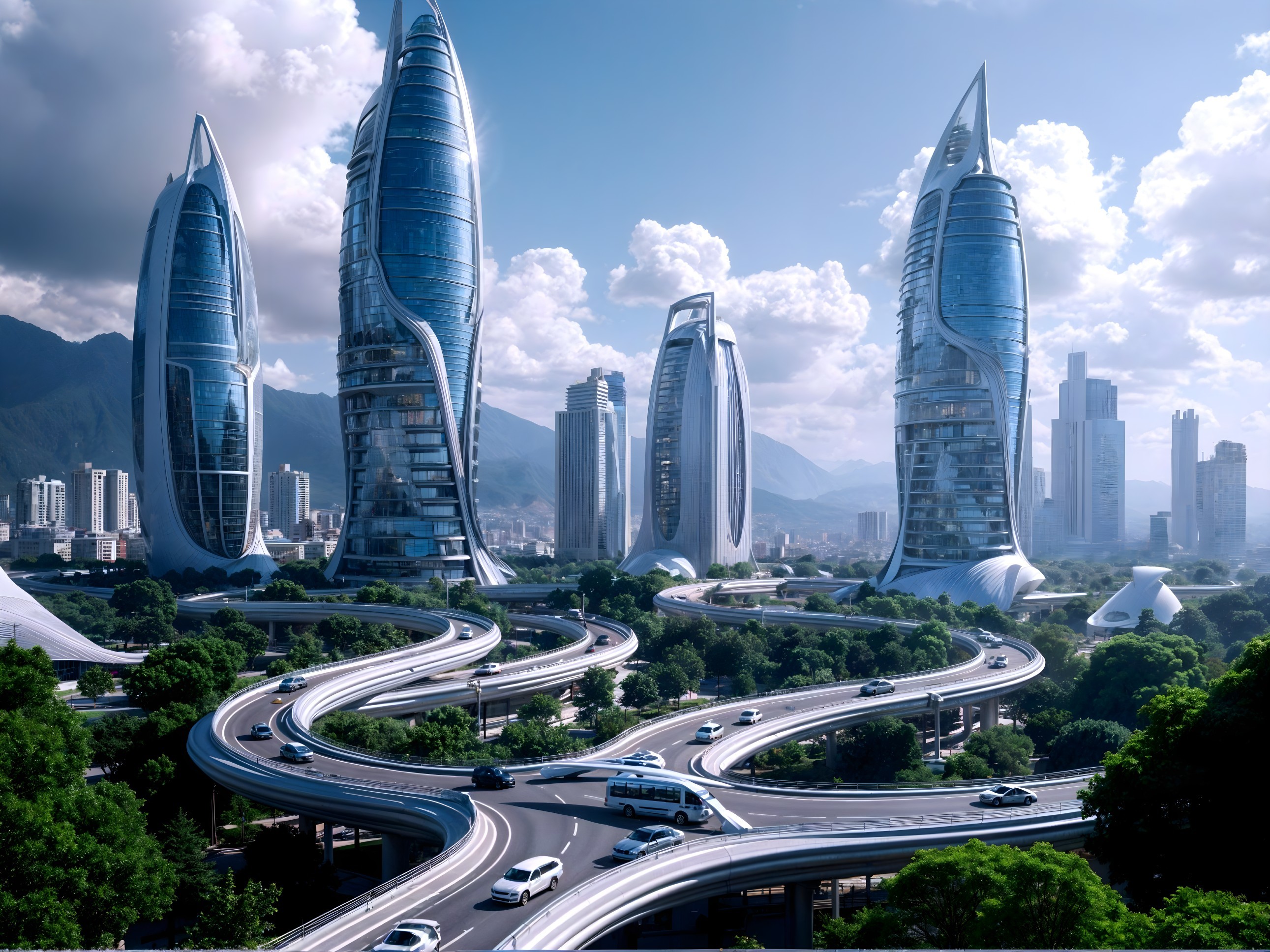 Futuristic cityscape with skyscrapers and greenery