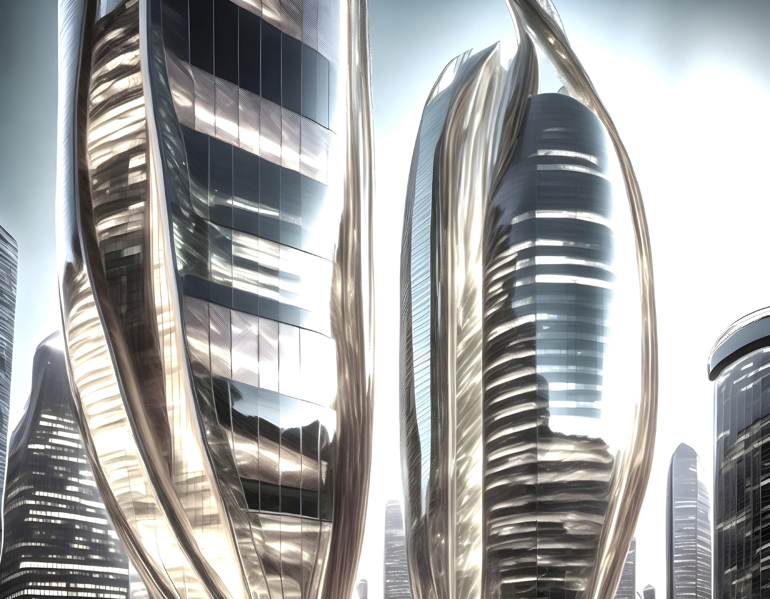 Futuristic cityscape with sleek skyscrapers and glow