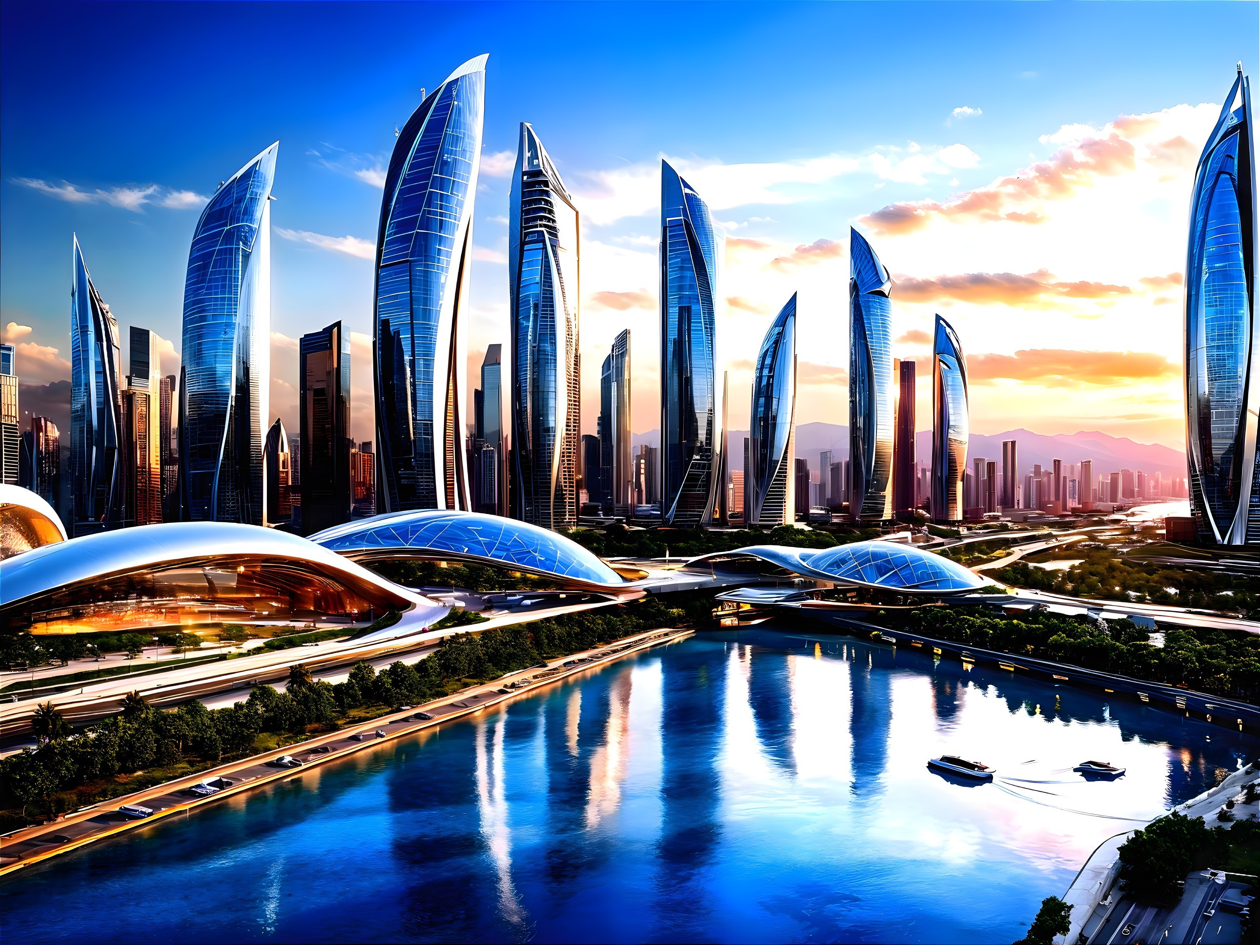 Futuristic cityscape with skyscrapers and sunset backdrop