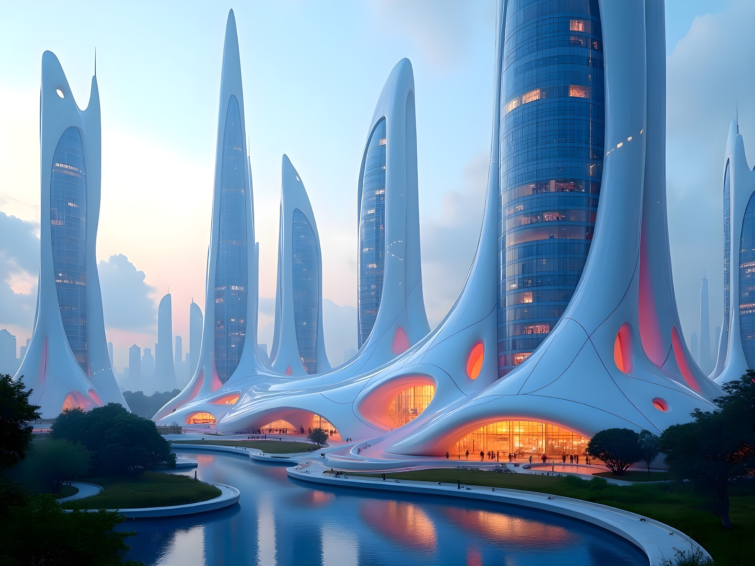 Futuristic cityscape with curvilinear skyscrapers