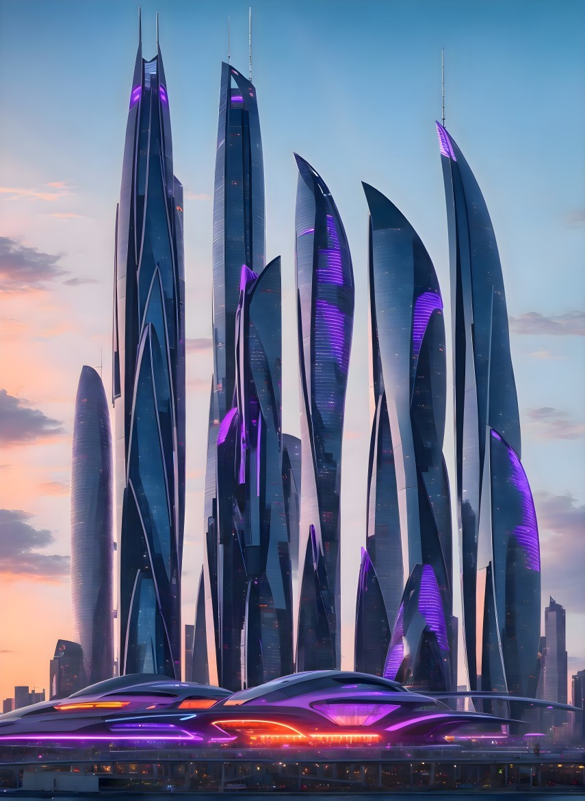 Futuristic skyline with sleek skyscrapers and sunset