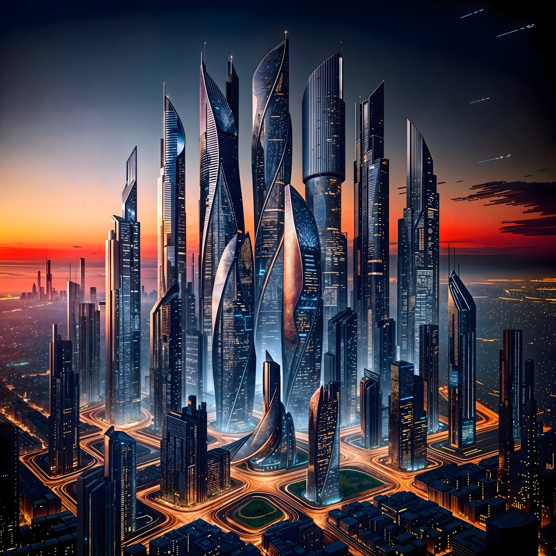 Futuristic Cityscape at Dusk with Skyscrapers and Lights