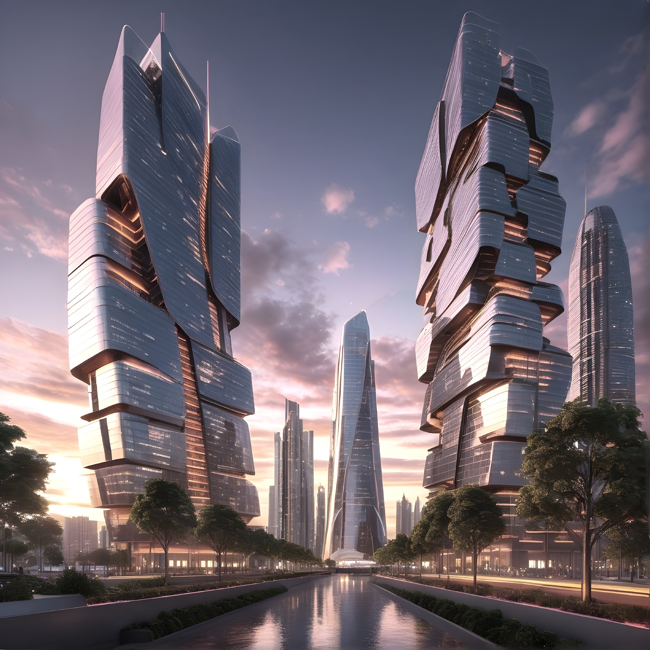 Futuristic cityscape with unique skyscrapers and waterway