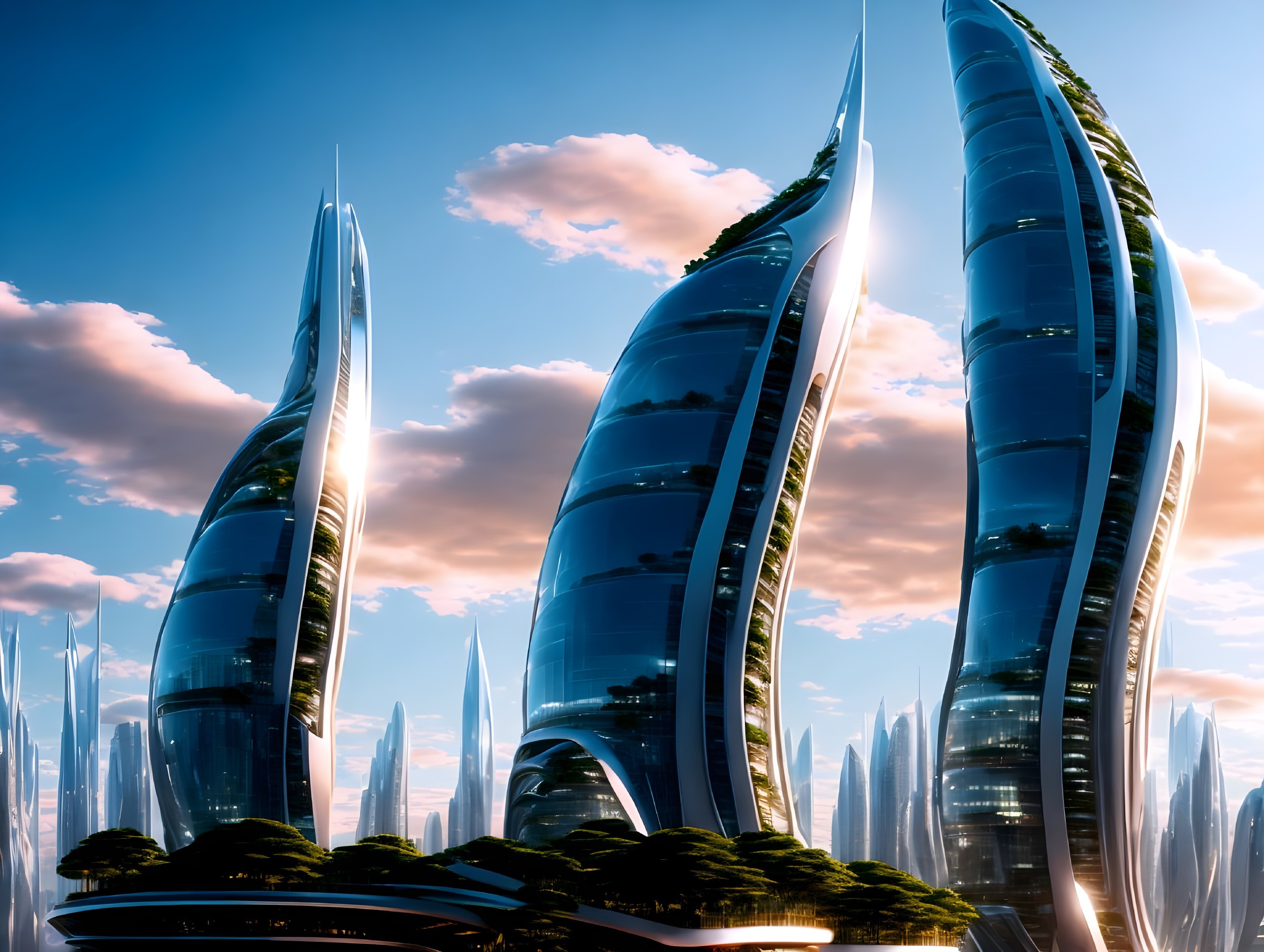 Futuristic cityscape with sleek skyscrapers and greenery