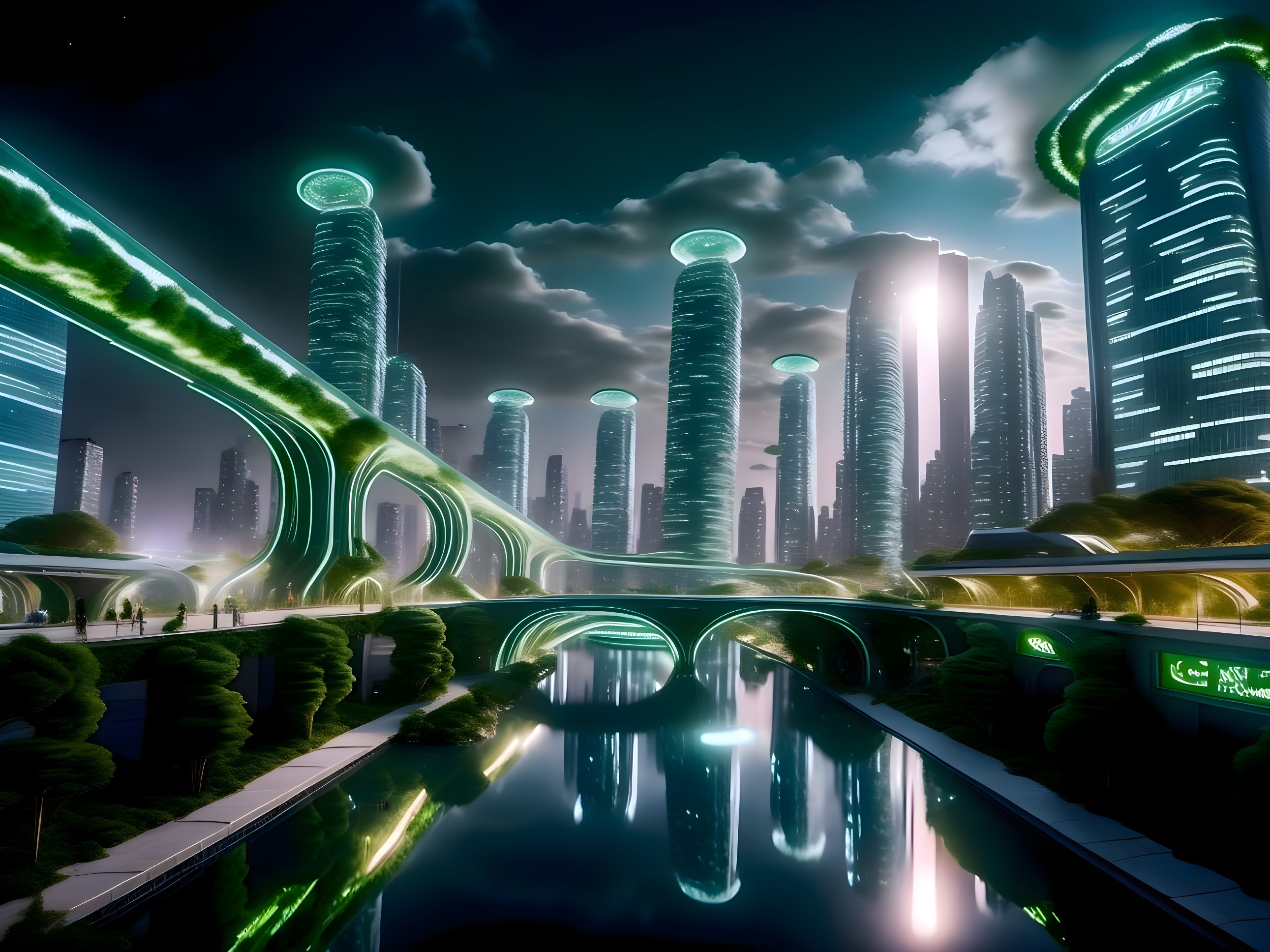 Futuristic cityscape with neon lights and greenery