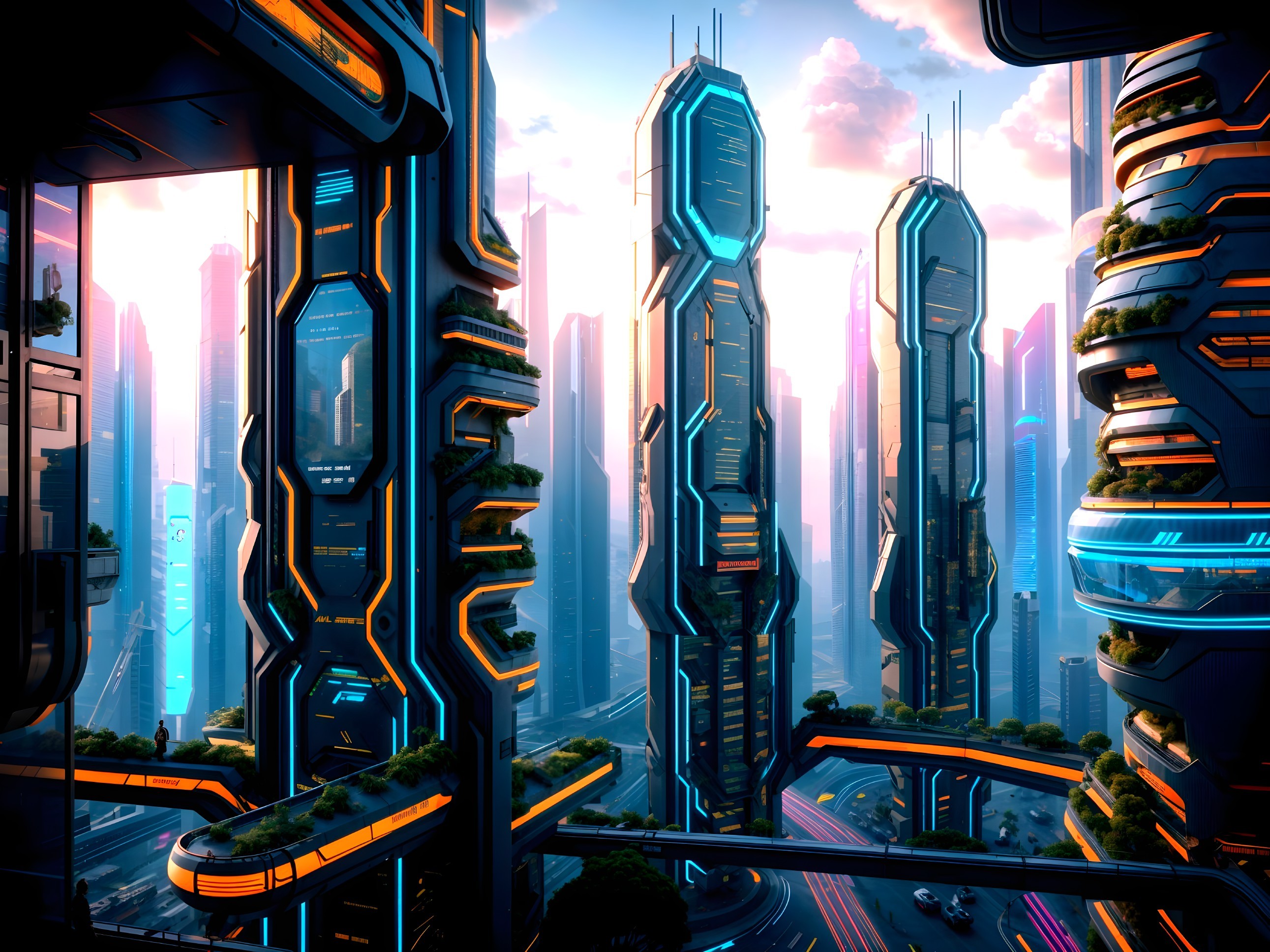 Futuristic cityscape with neon lights and greenery
