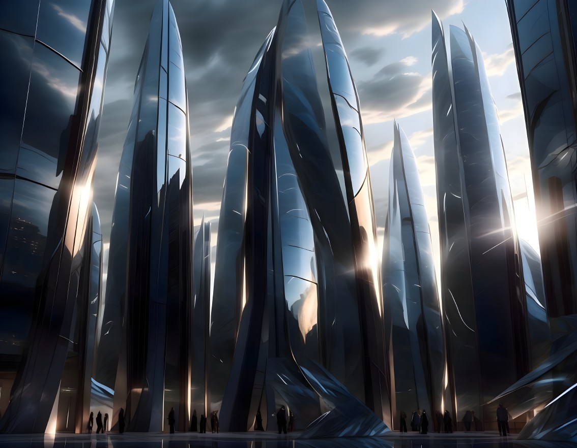 Futuristic Glass Spires Against Dramatic Sky