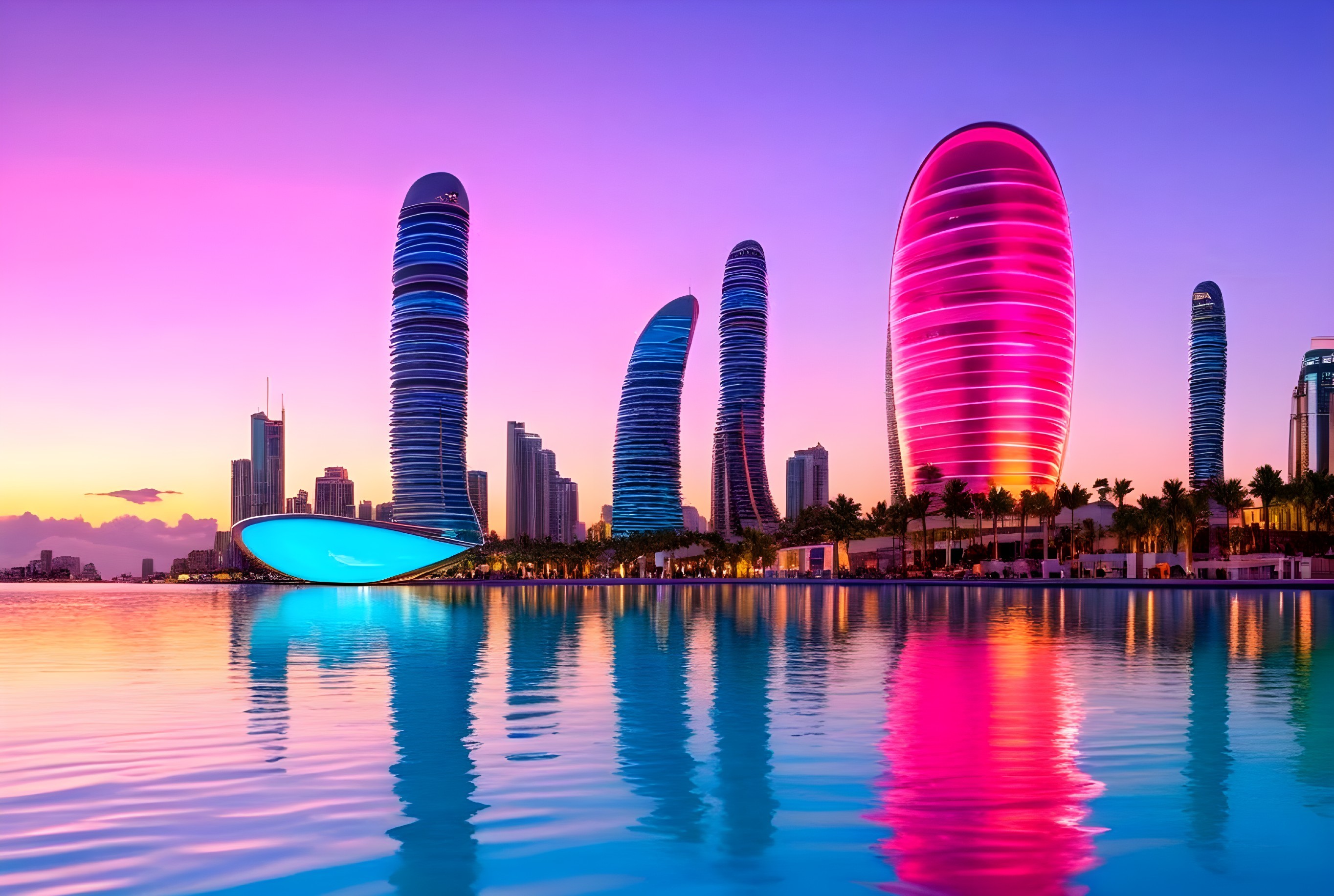 Futuristic City Skyline at Sunset with Vibrant Colors