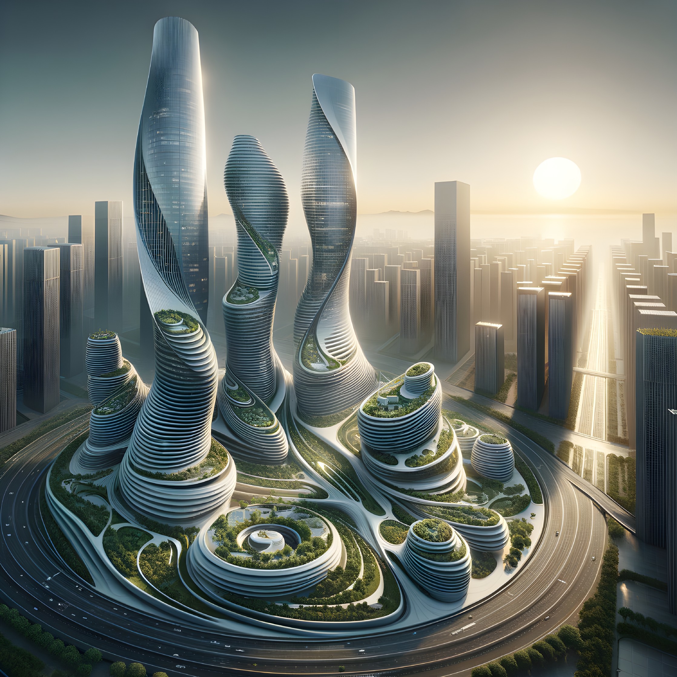 Futuristic cityscape with organic skyscrapers and greenery
