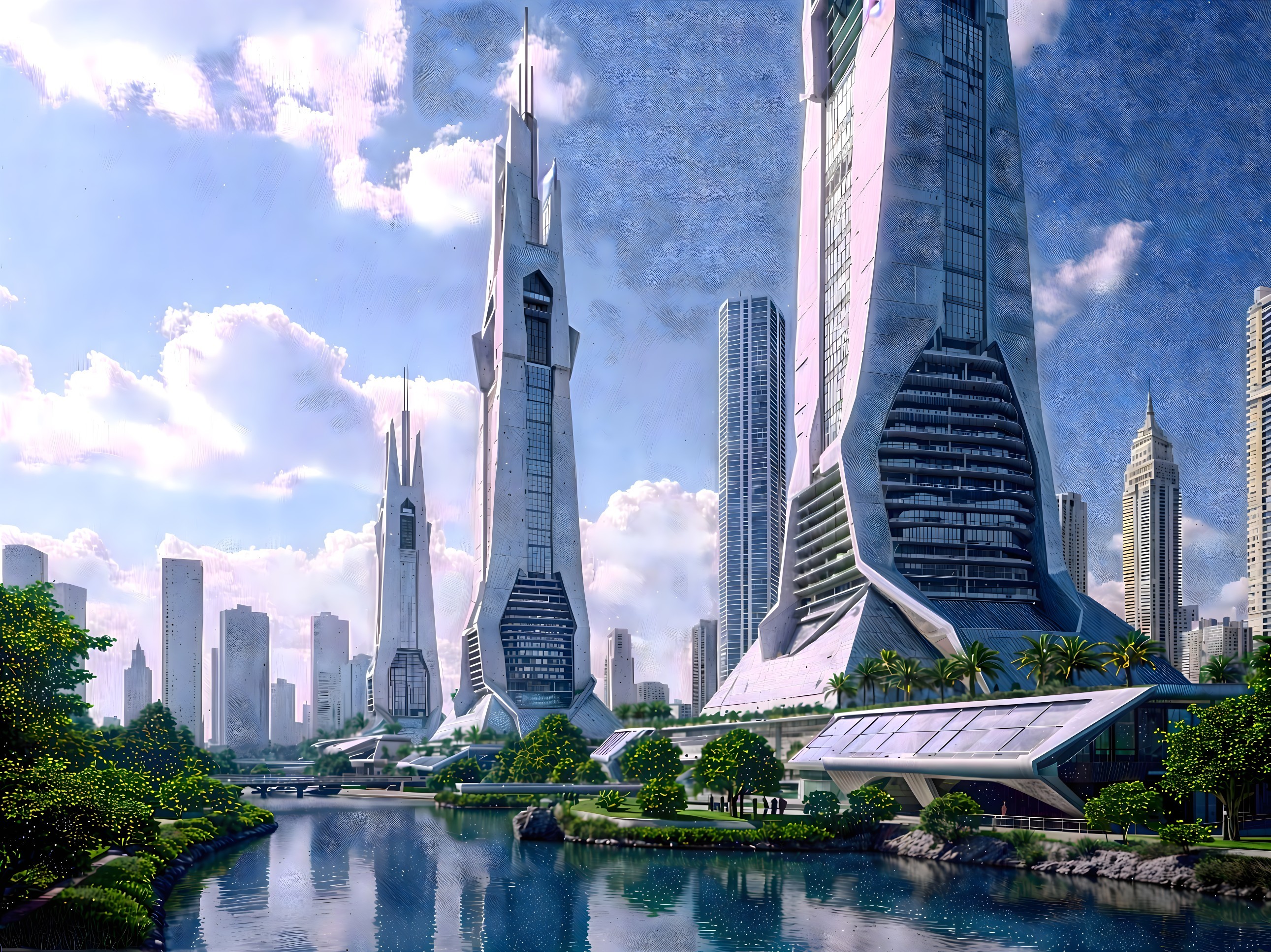 Futuristic cityscape with skyscrapers and greenery