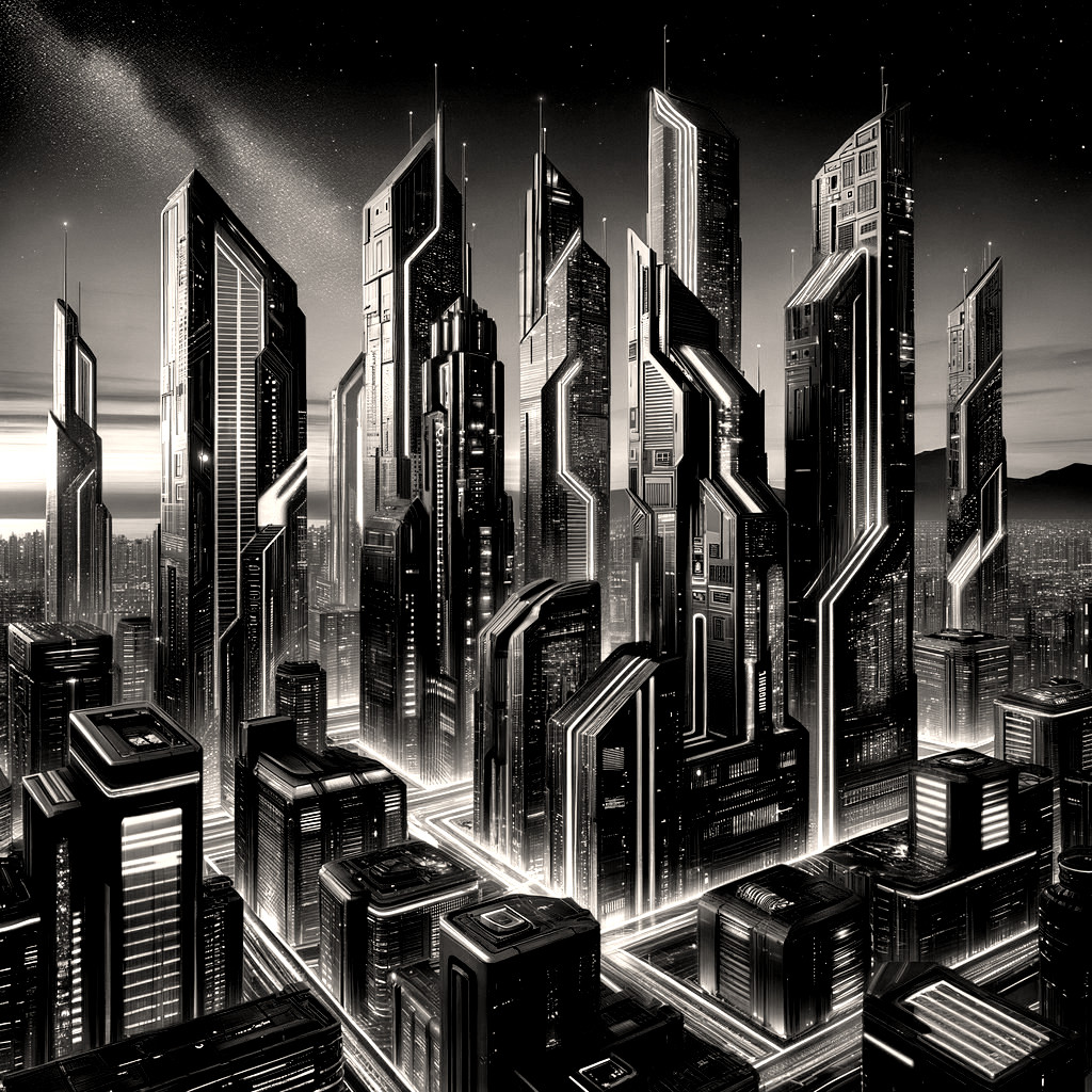 Futuristic Black and White Cityscape with Skyscrapers