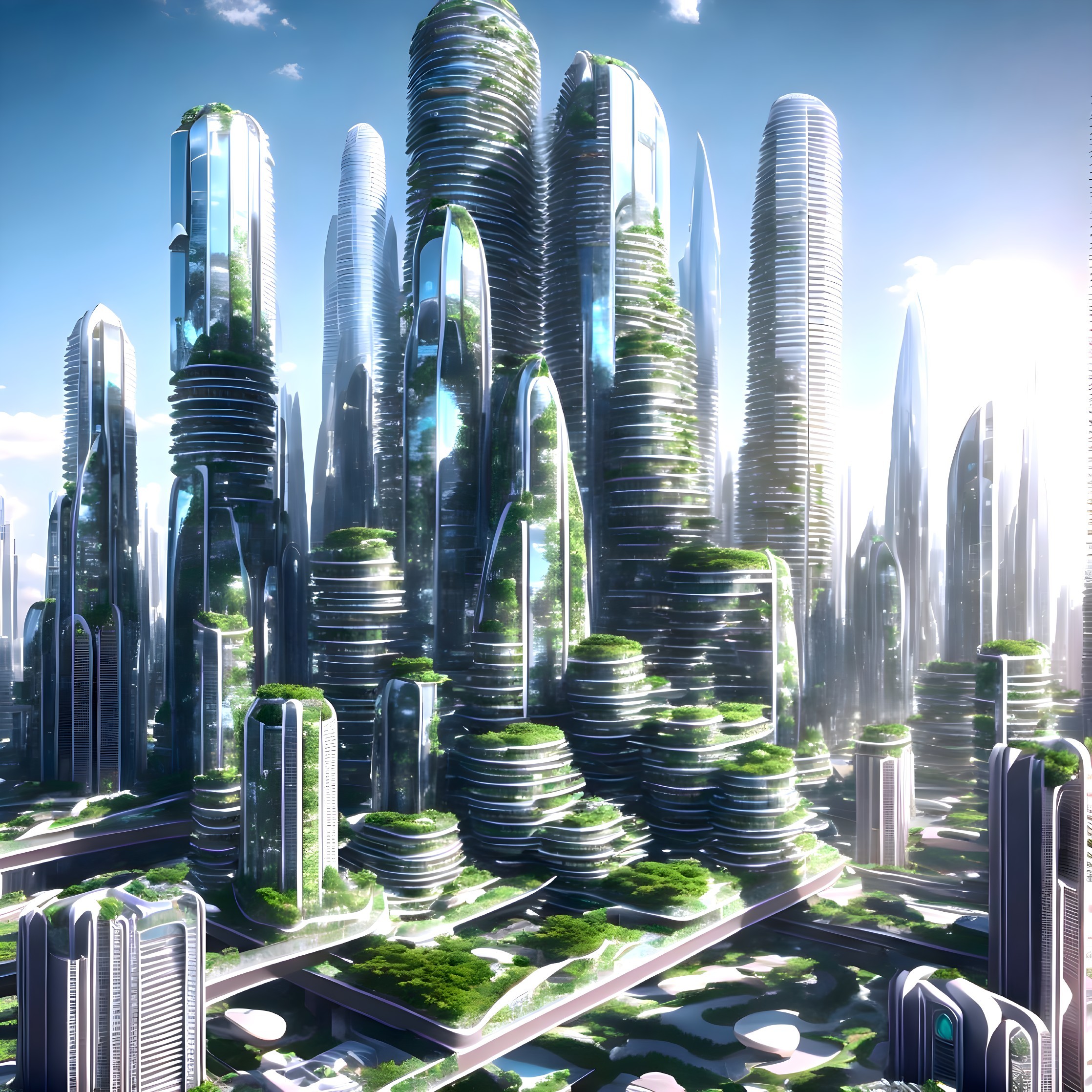 Futuristic cityscape with skyscrapers and greenery