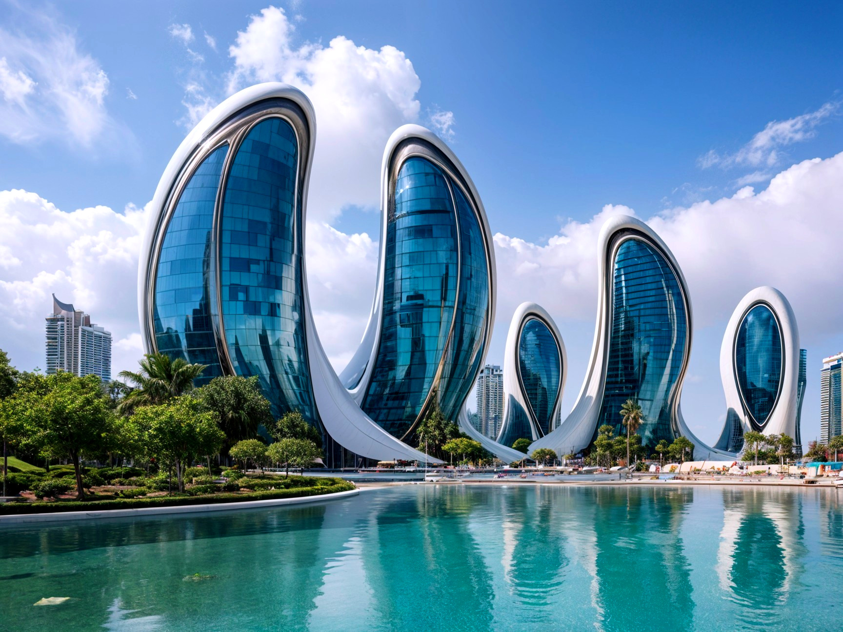 Futuristic Curved Skyscrapers with Reflective Glass Façade