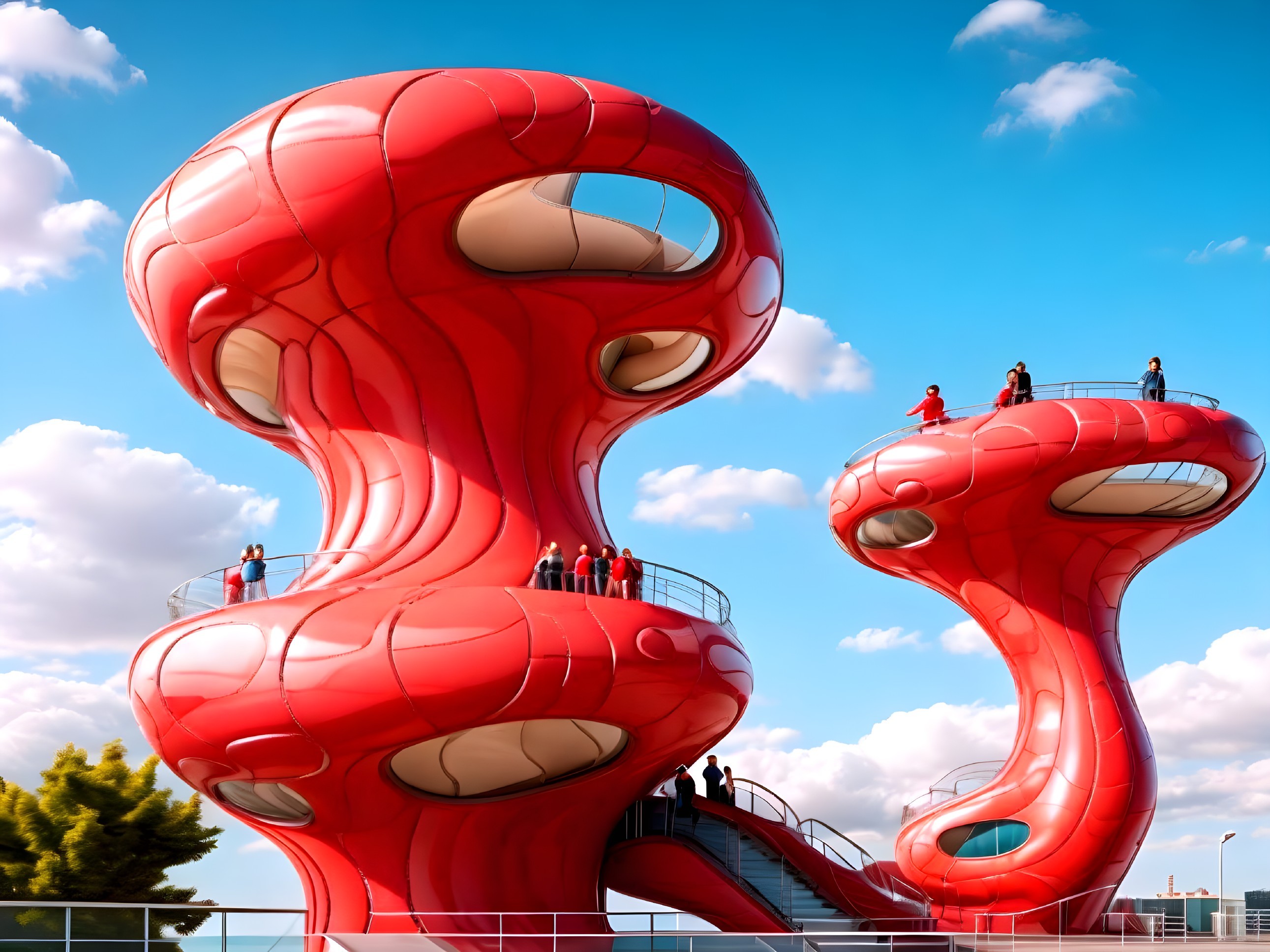 Vibrant Red Organic Architectural Structures Against Sky