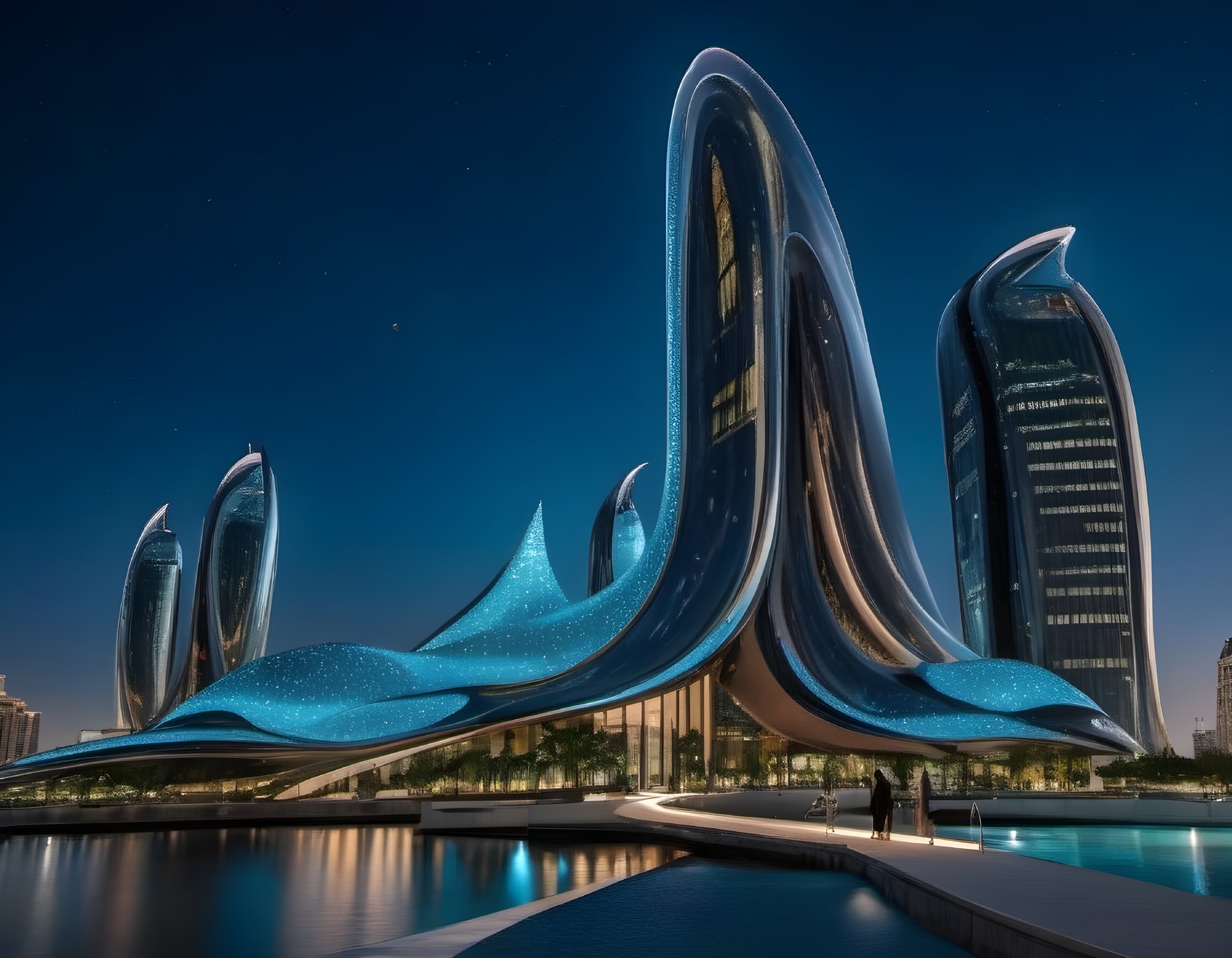 Futuristic architectural structure illuminated at night