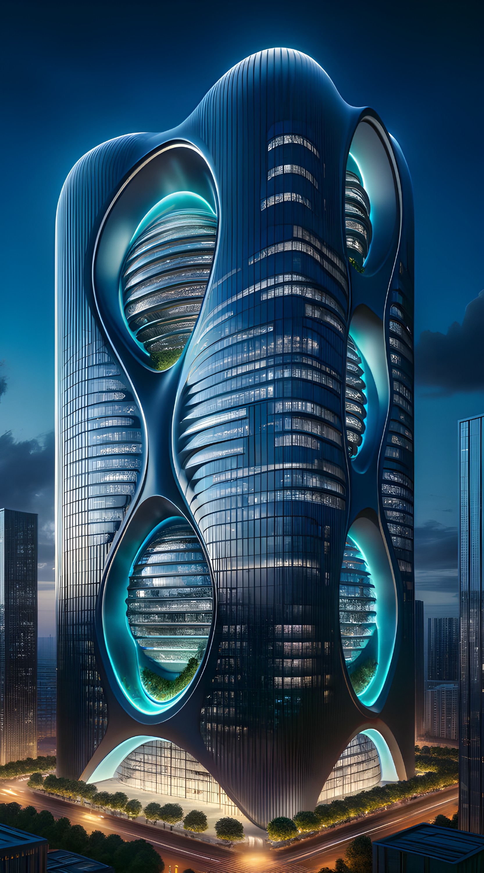 Futuristic Skyscraper with Organic Design and Greenery