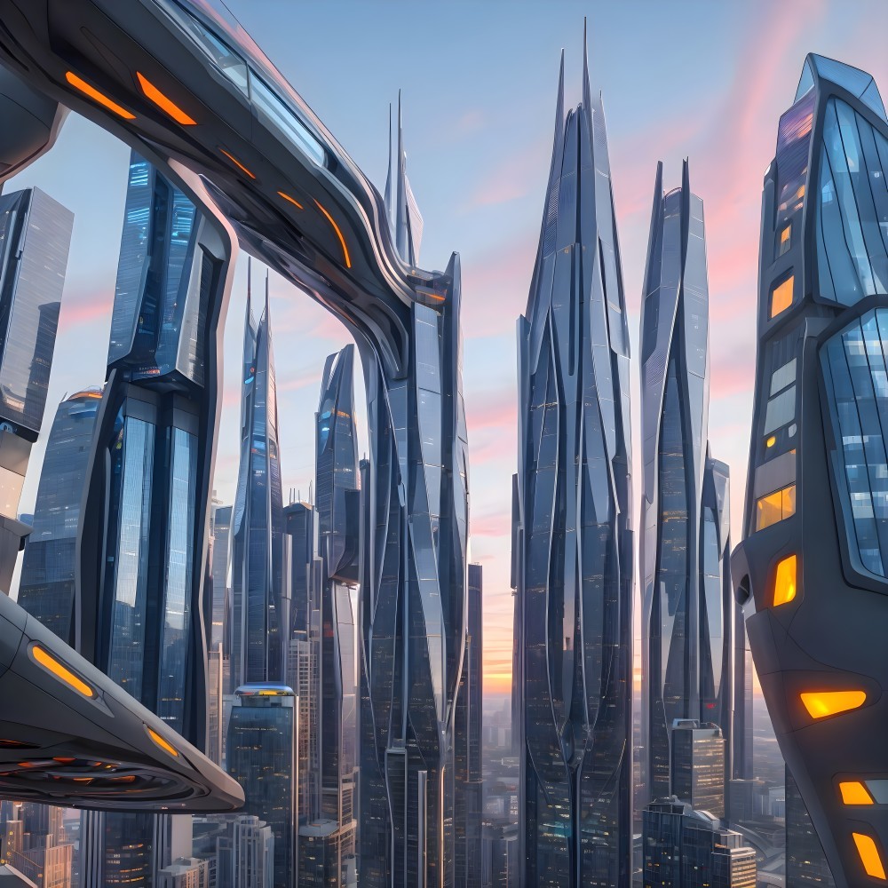 Futuristic cityscape with sleek skyscrapers and bridges