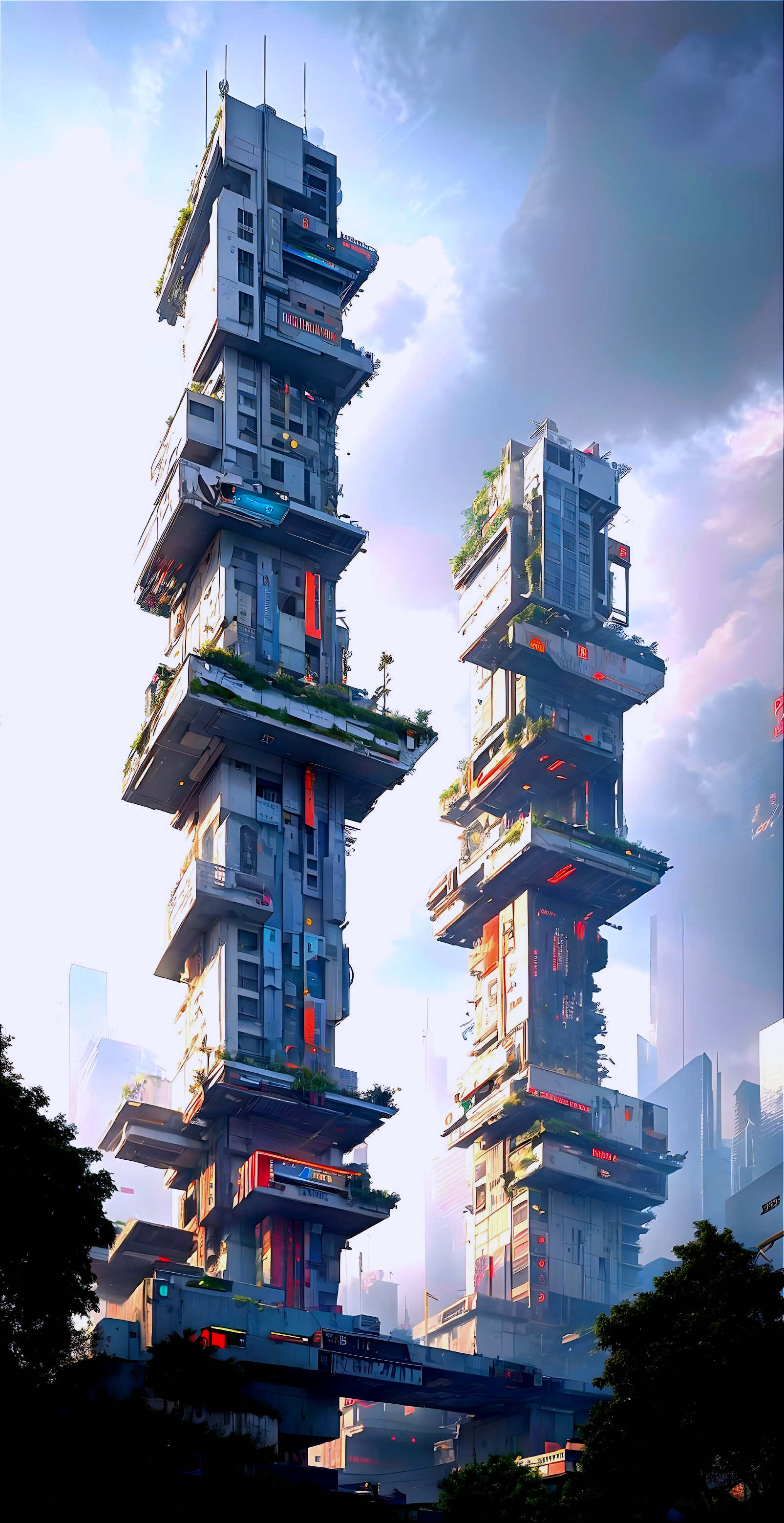 Futuristic skyscrapers with unique design and greenery