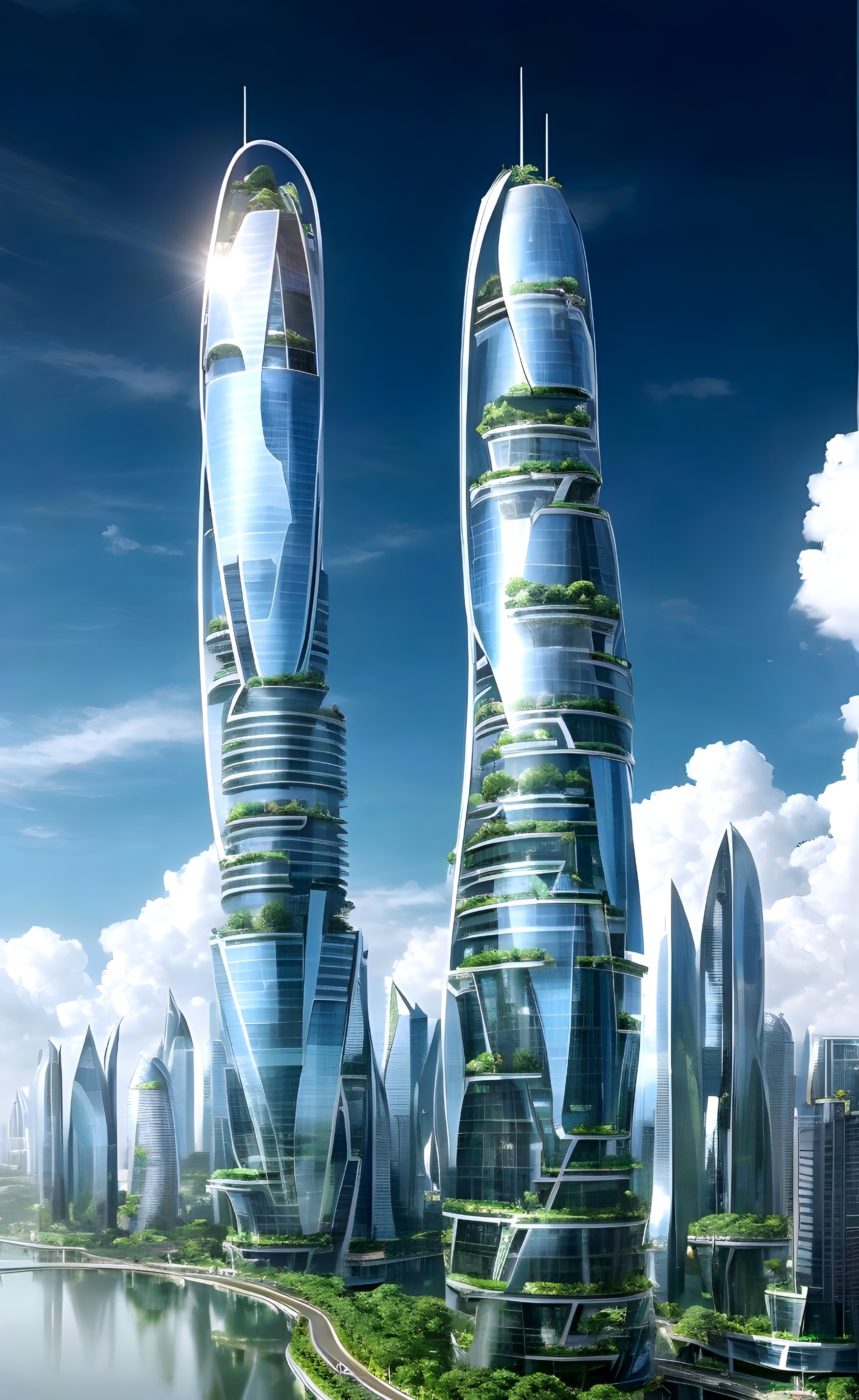 Futuristic skyscrapers with glass exteriors and greenery