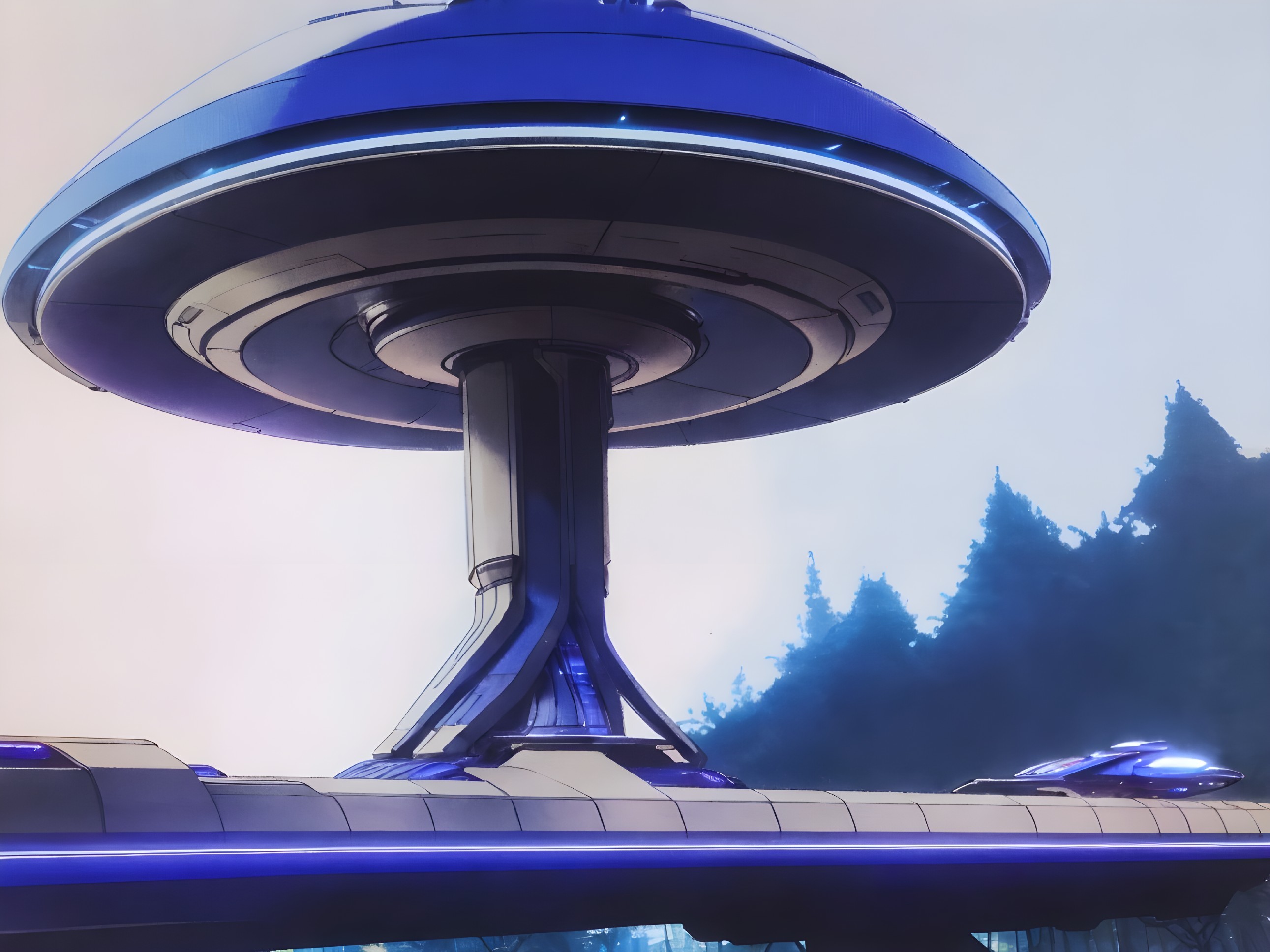 Futuristic Flying Saucer Structure on Tall Pedestal