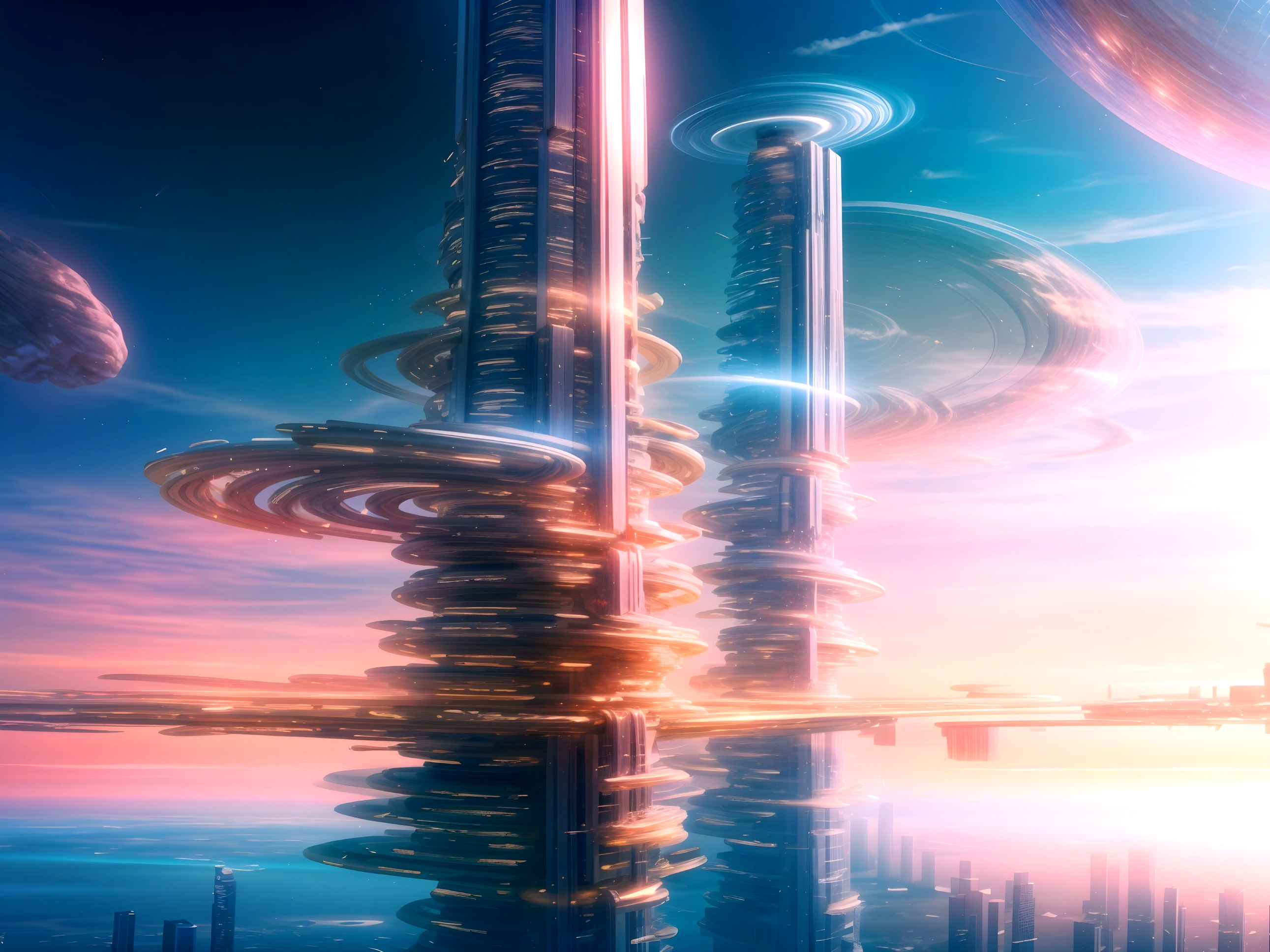 Futuristic landscape with colorful spiraling structures