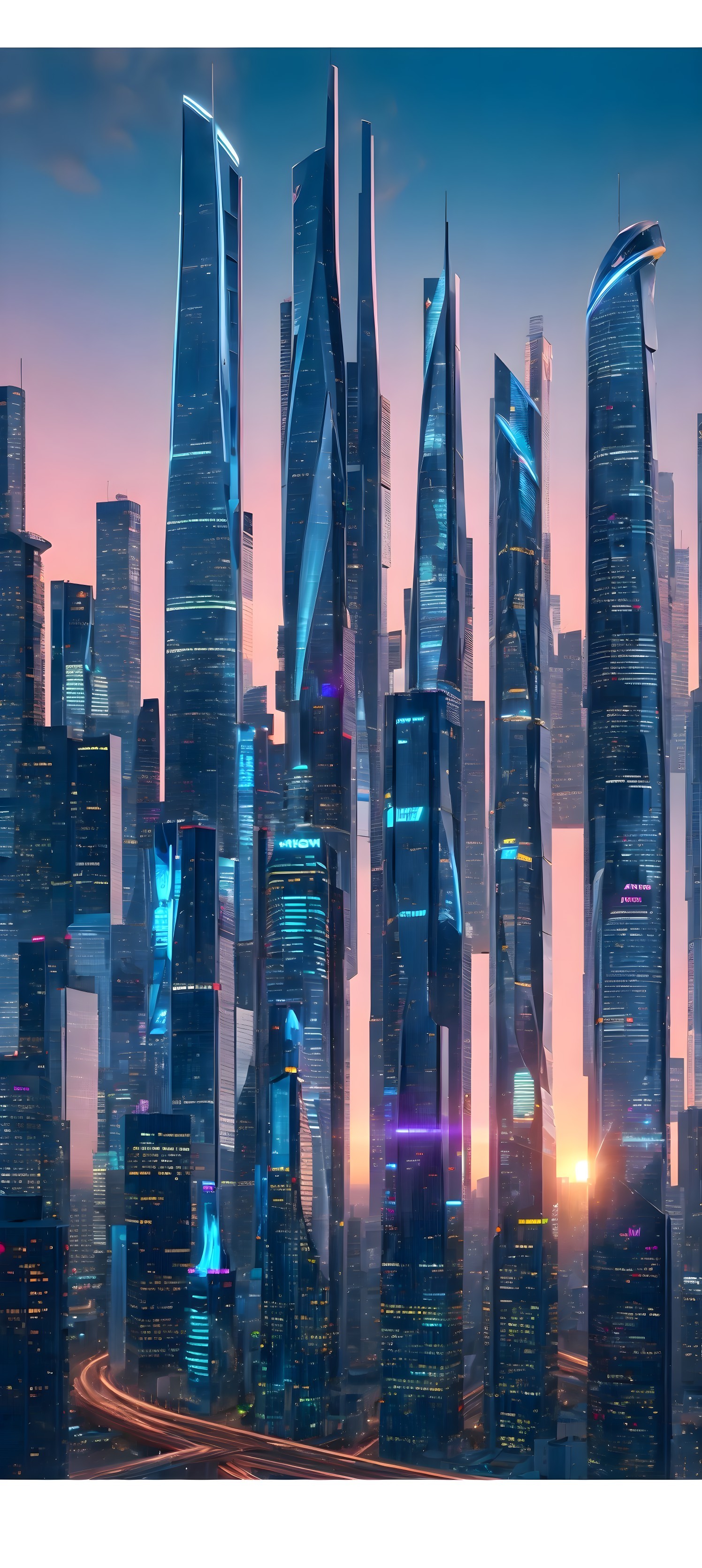 Futuristic city skyline with sleek skyscrapers at sunset