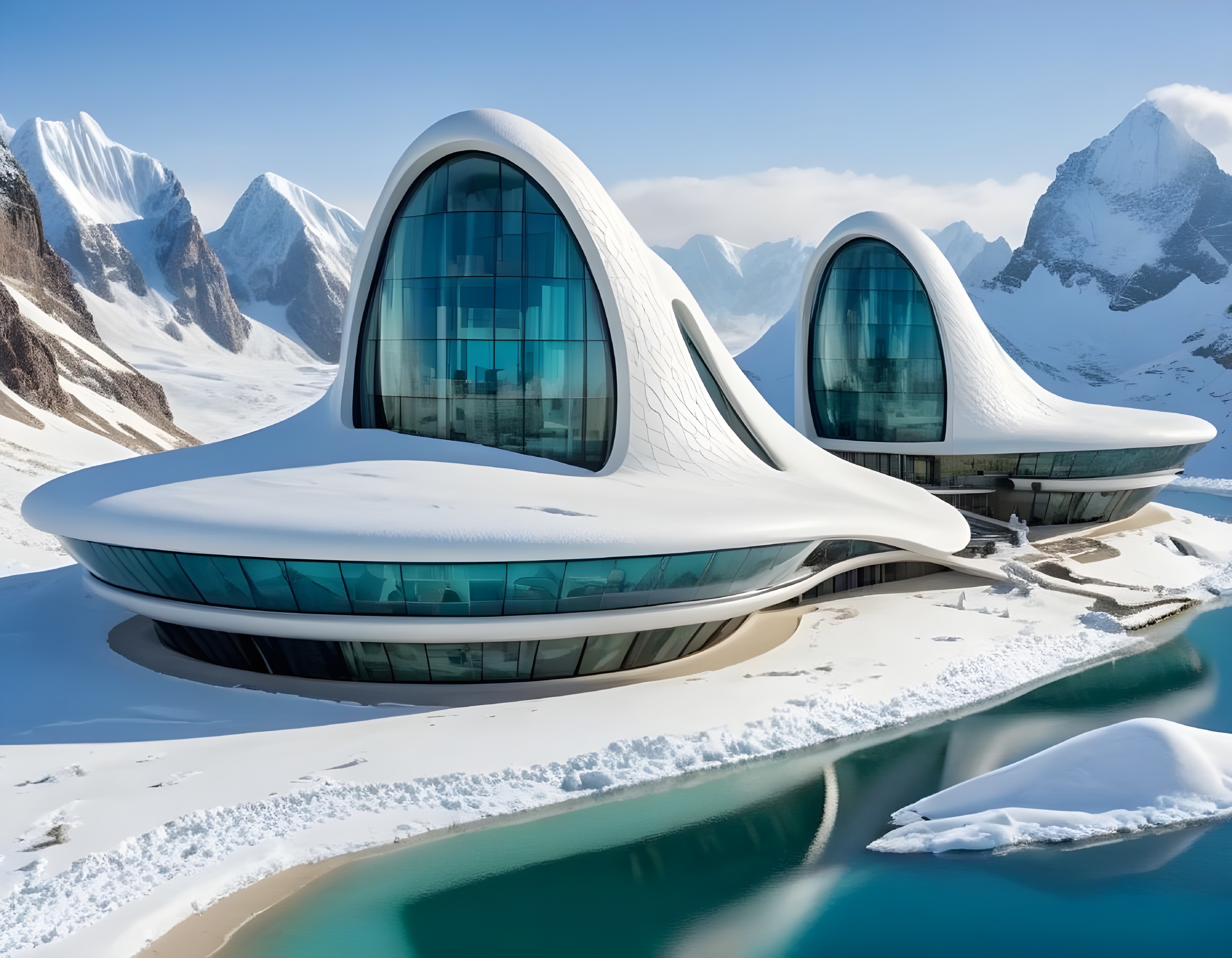 Futuristic Organic-Shaped Buildings in Snowy Landscape