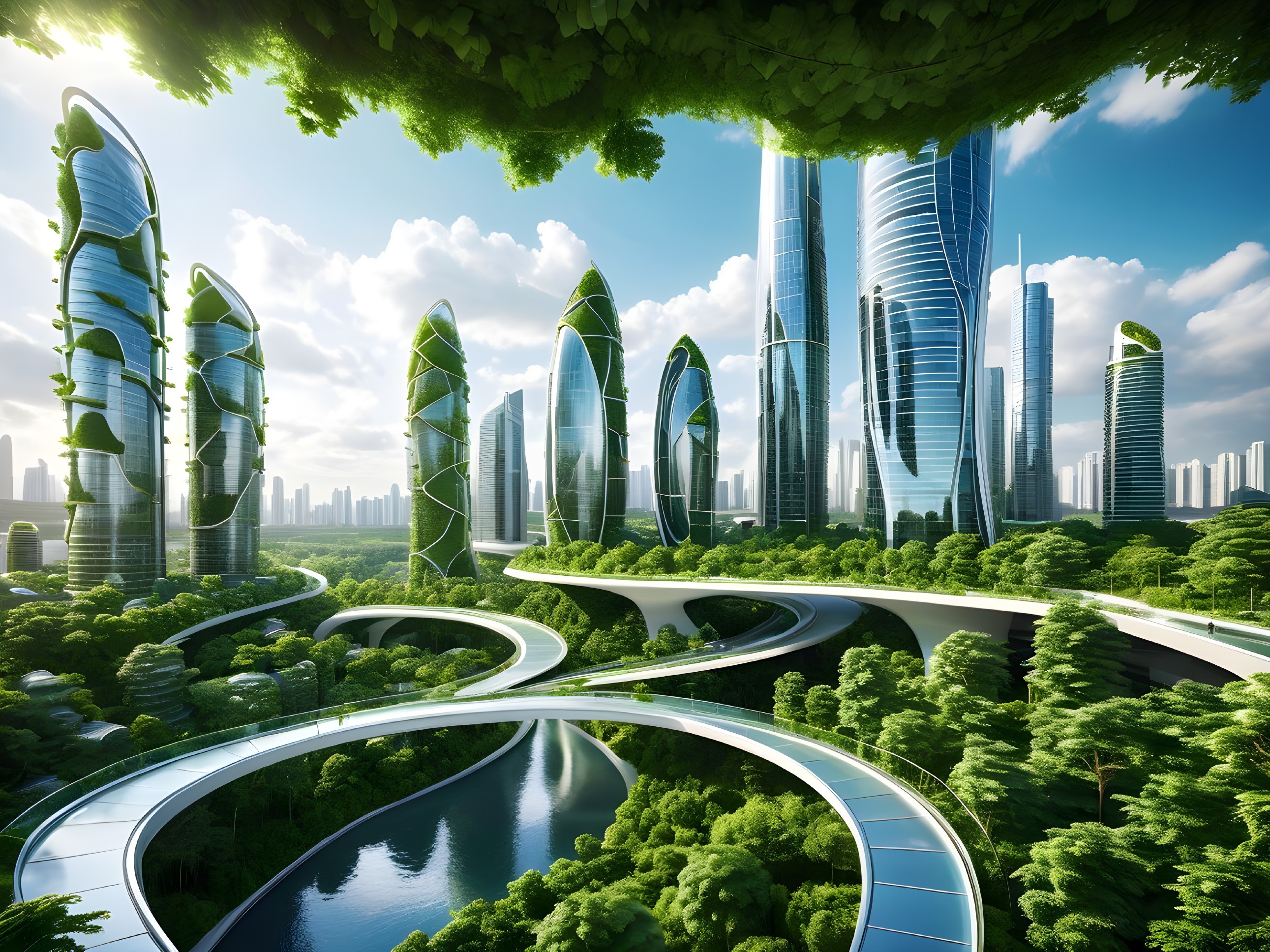 Futuristic cityscape with green skyscrapers and parks