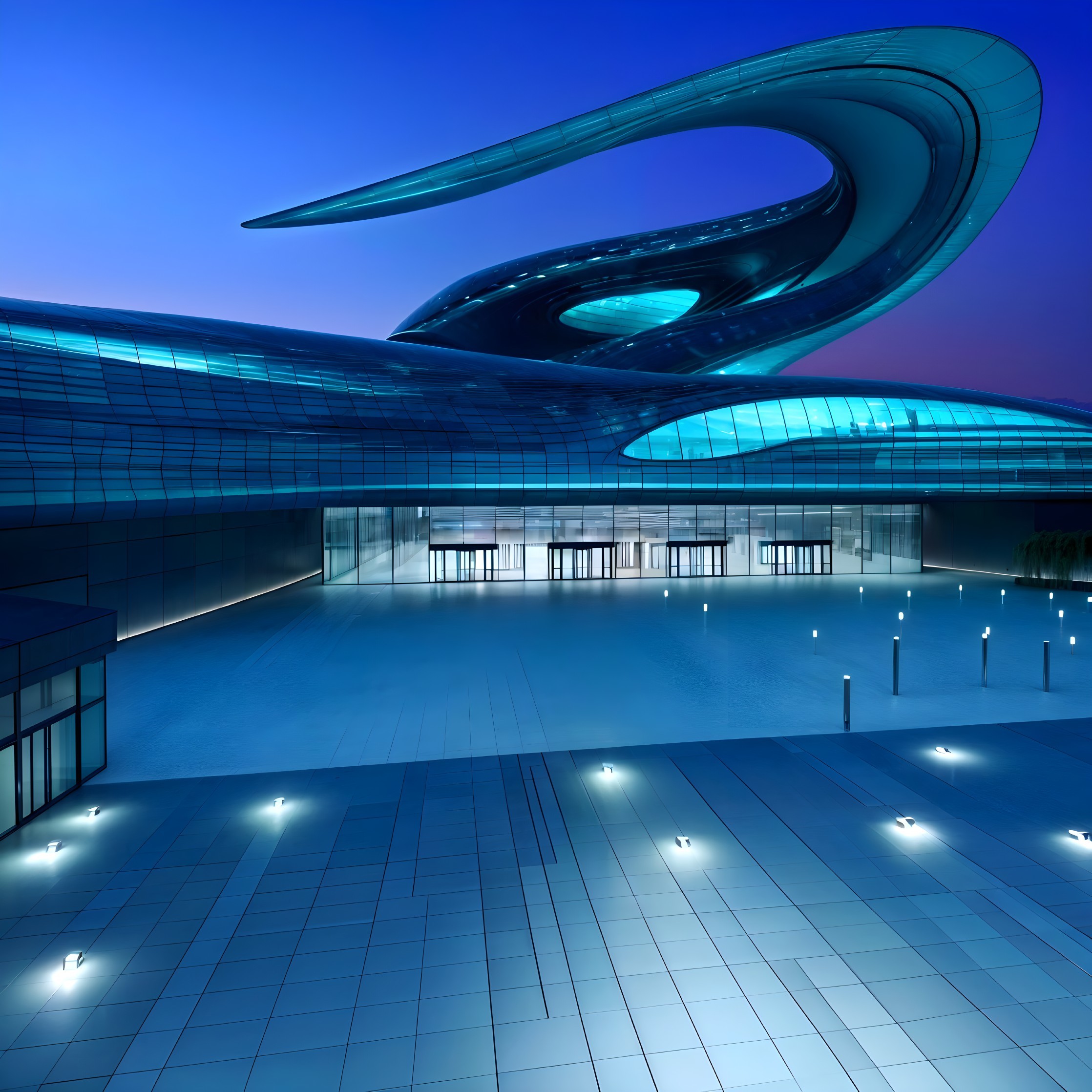 Contemporary Building with Futuristic Design and Glass Facade