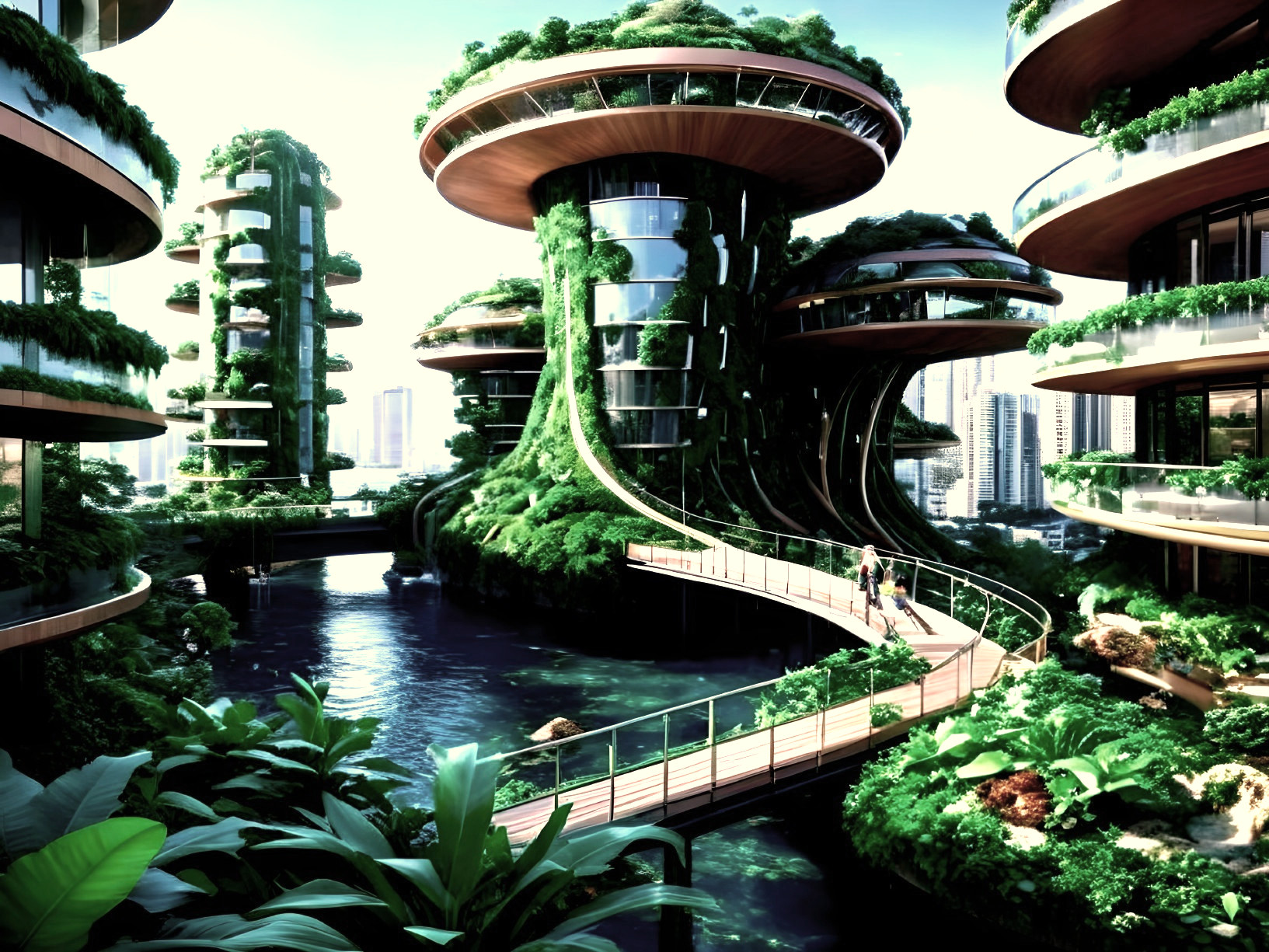 Futuristic urban landscape with greenery and waterways