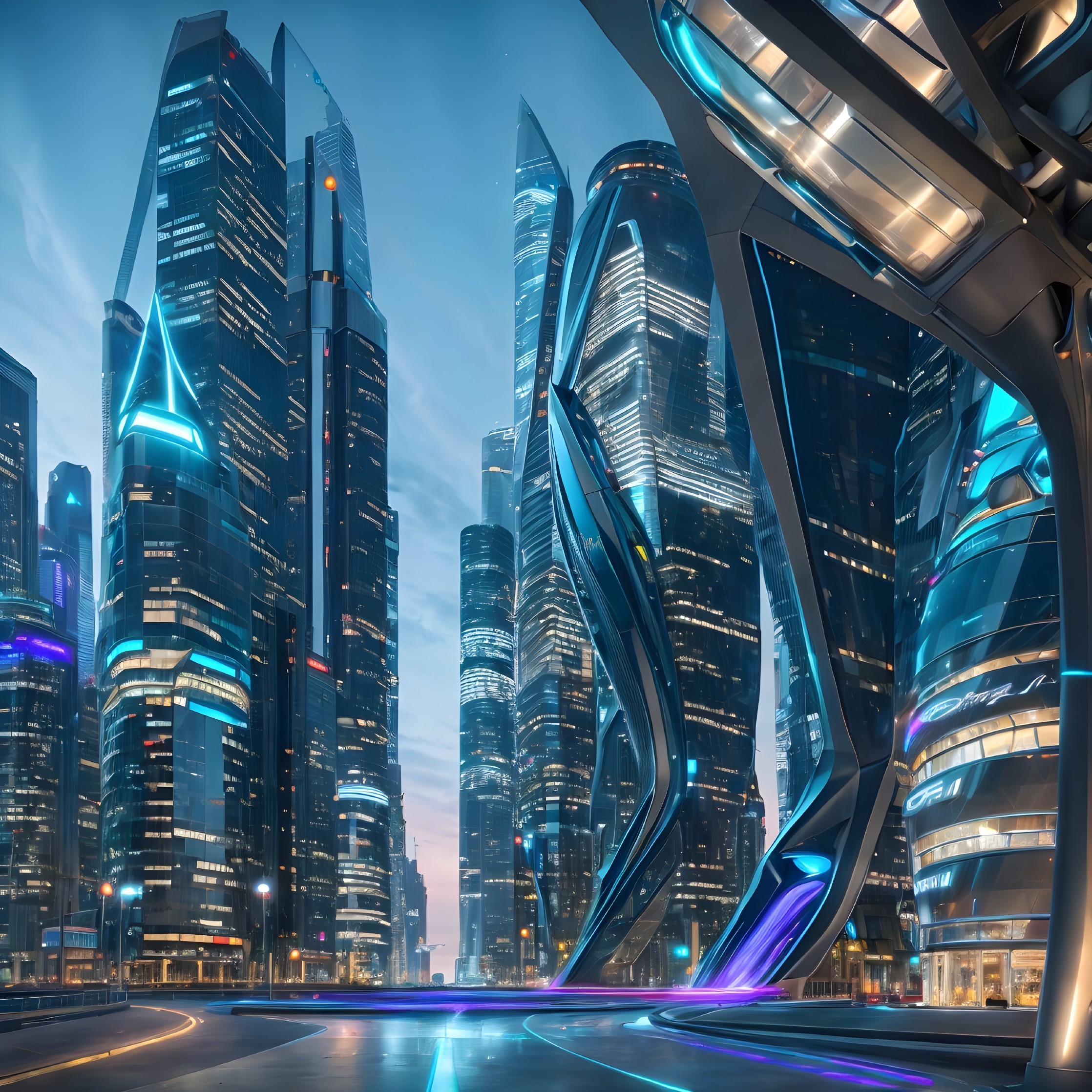 Futuristic cityscape with neon skyscrapers and twilight