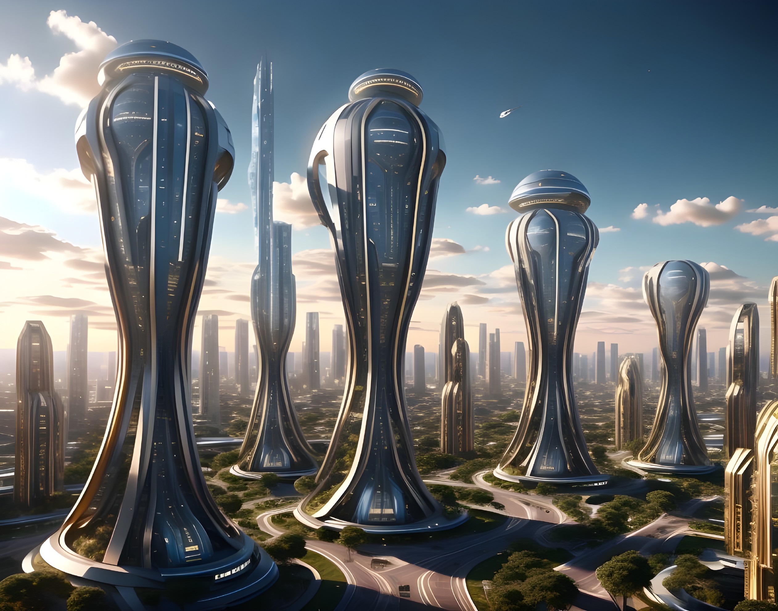 Futuristic cityscape with hourglass skyscrapers and greenery