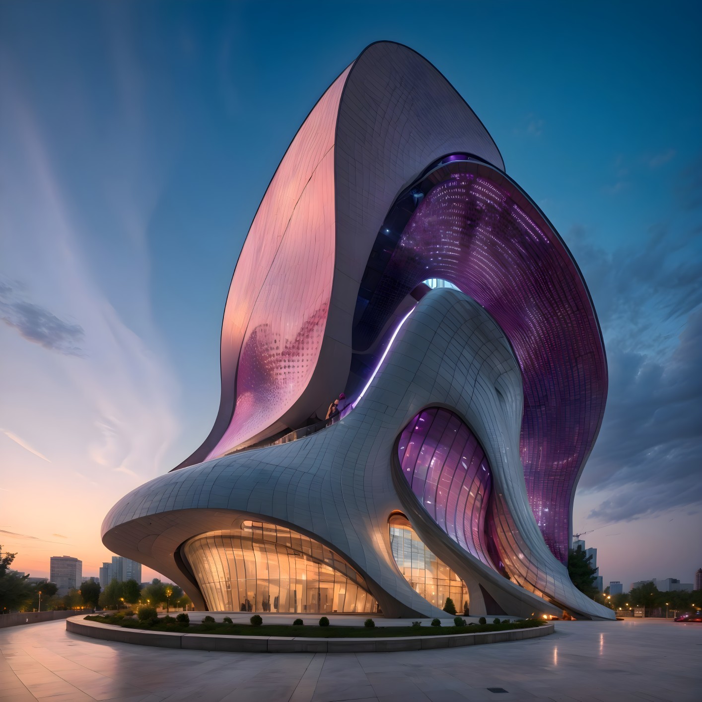 Modern architectural marvel with organic shapes and colors