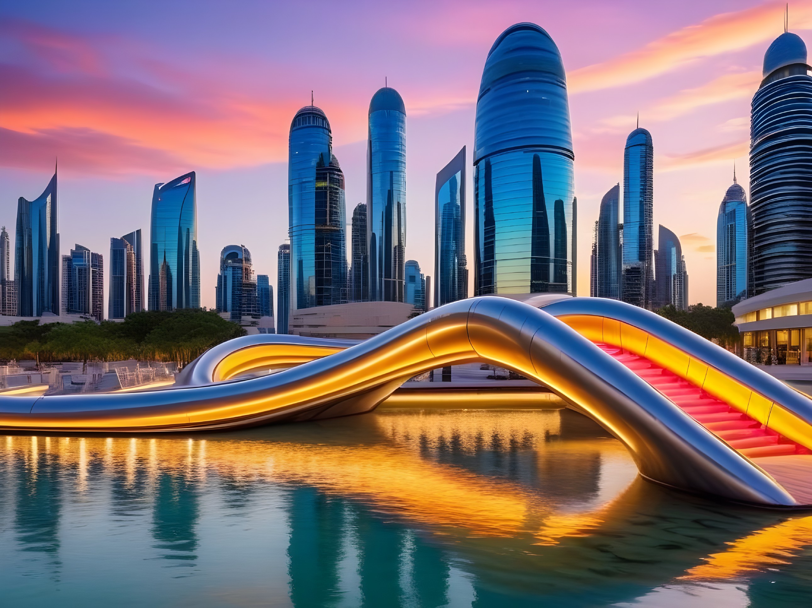 Futuristic Skyline with Glass Skyscrapers and Bridge