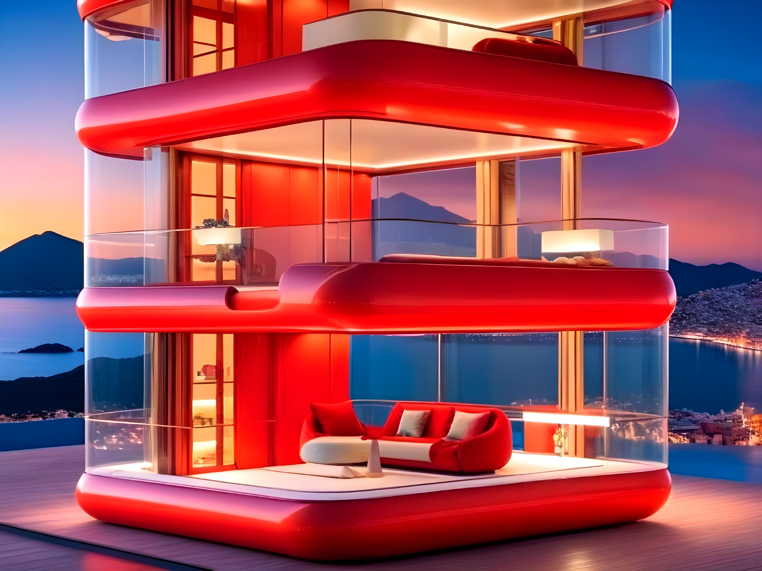 Modern Building with Transparent Levels and Red Accents