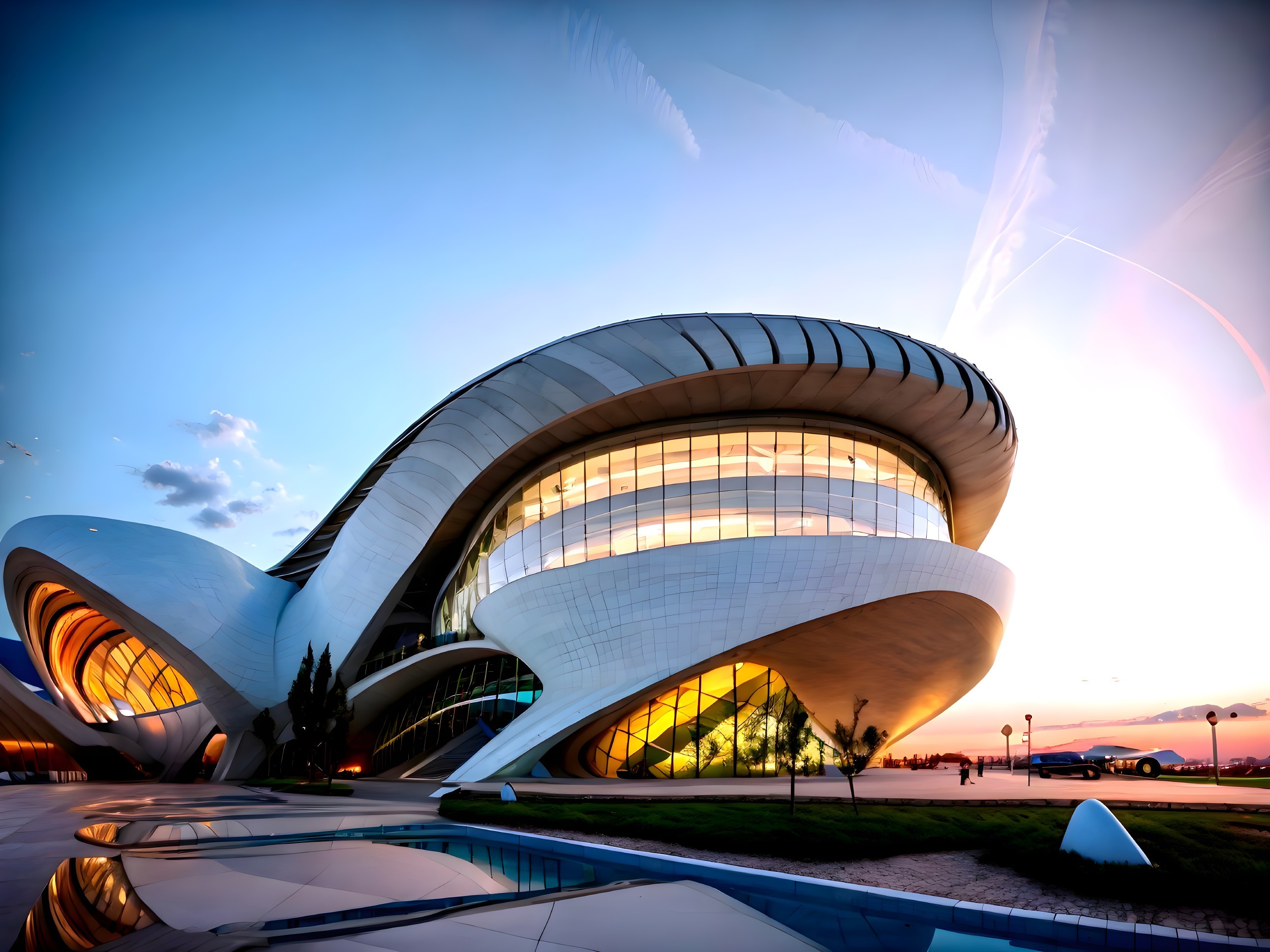 Modern Building with Fluid Design and Sunset Glow