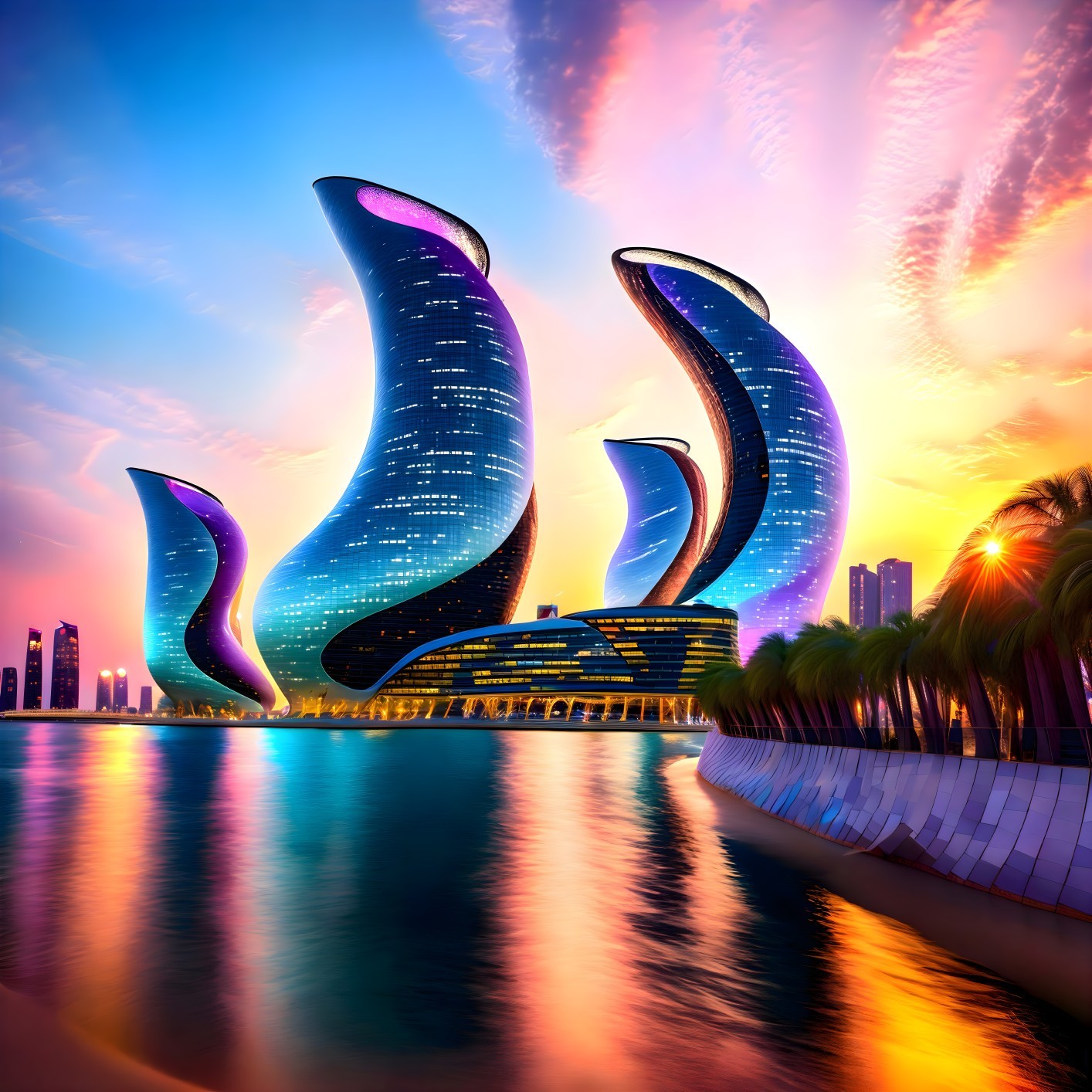Futuristic Skyscrapers with Vibrant Sunset Reflections