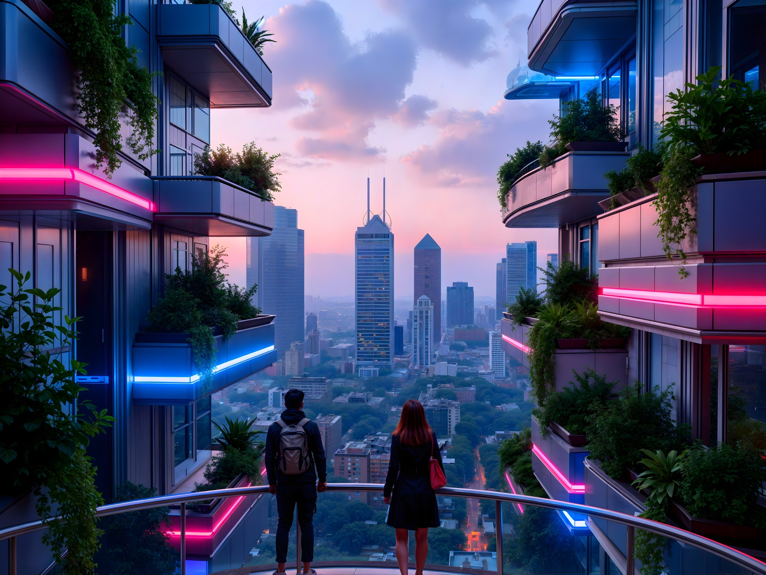Futuristic Cityscape with Neon Lights at Dusk