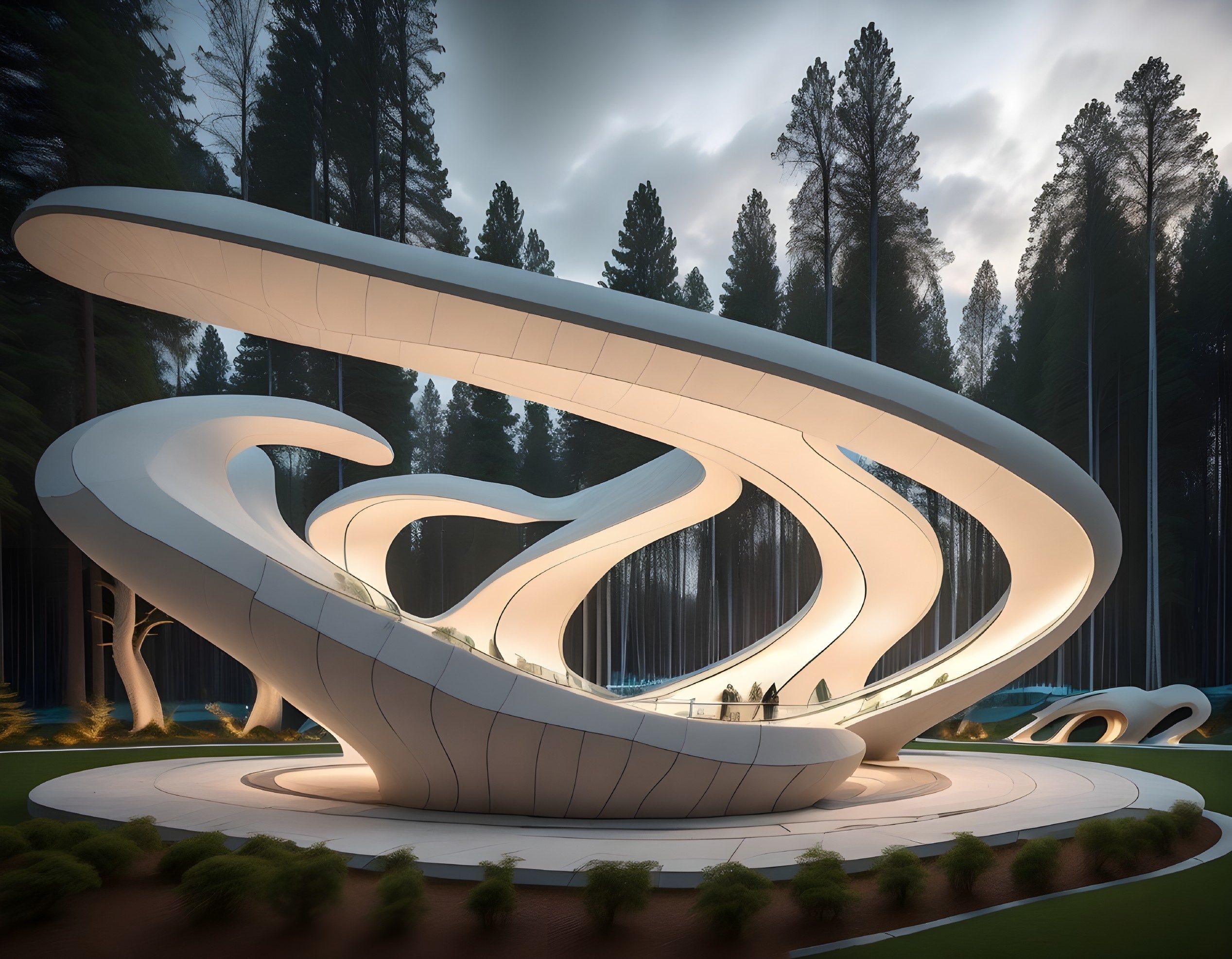 Futuristic Sculptural Structure in Lush Forest Setting