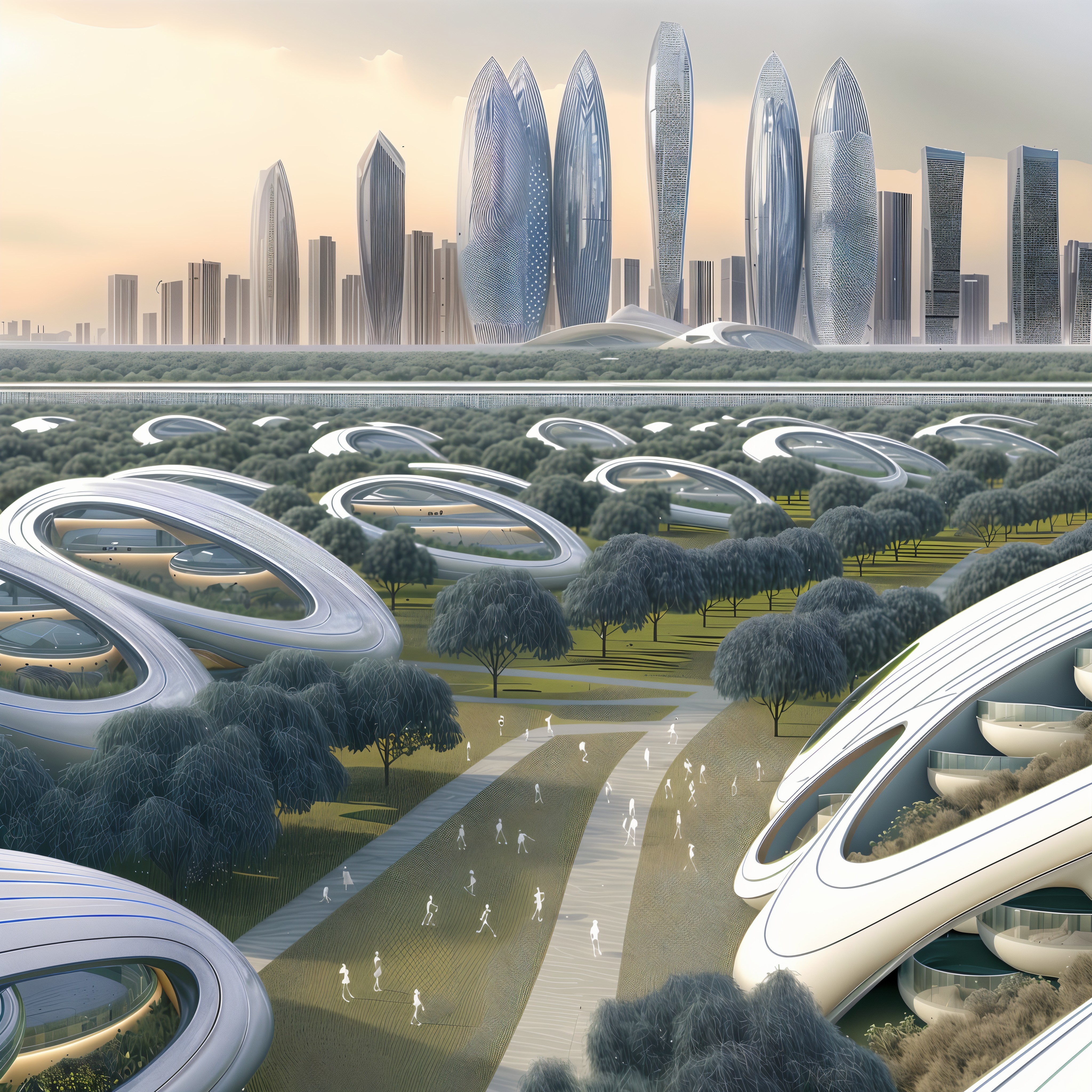 Futuristic Cityscape with Modern Architecture and Gardens