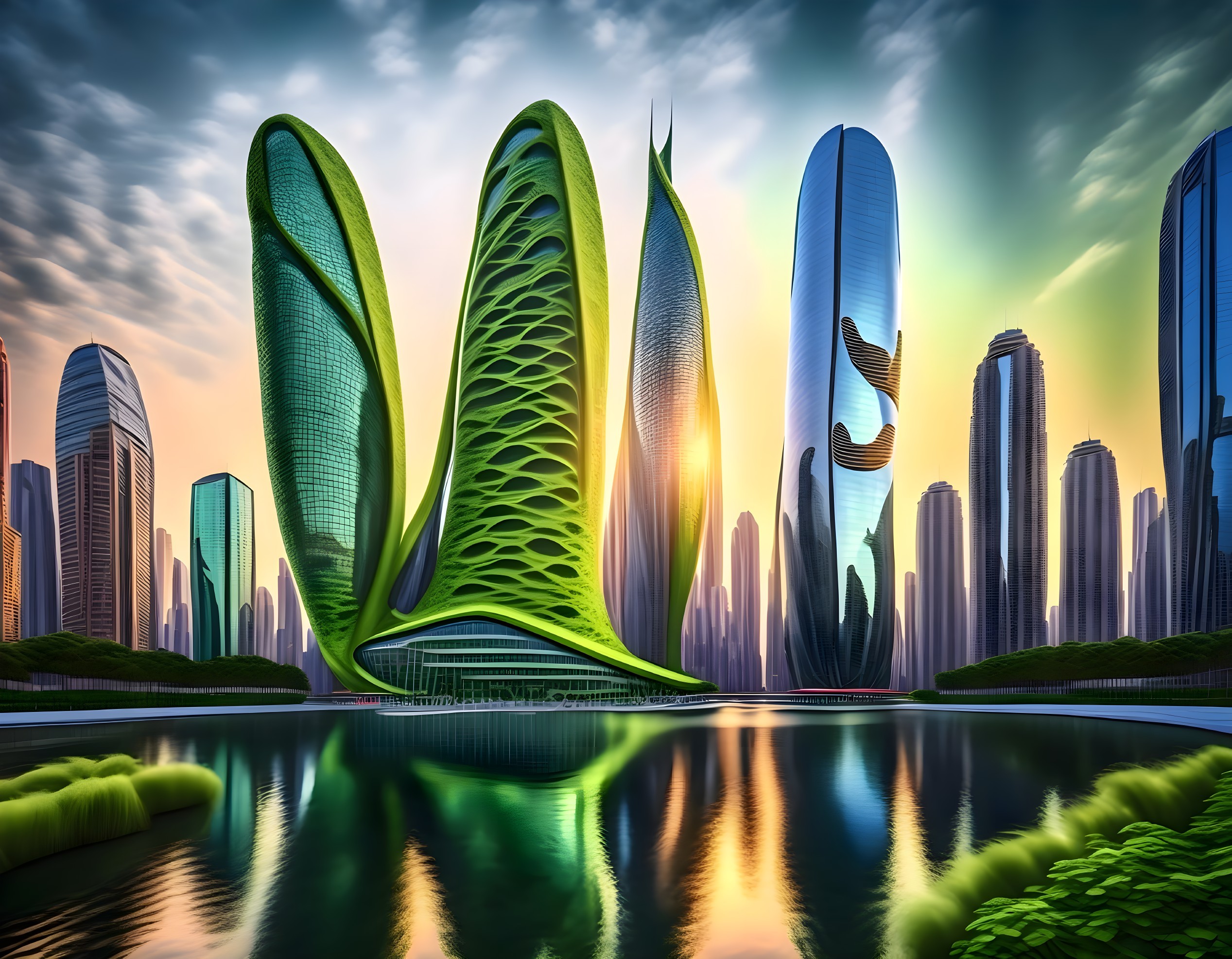 Futuristic city skyline with organic-shaped architecture